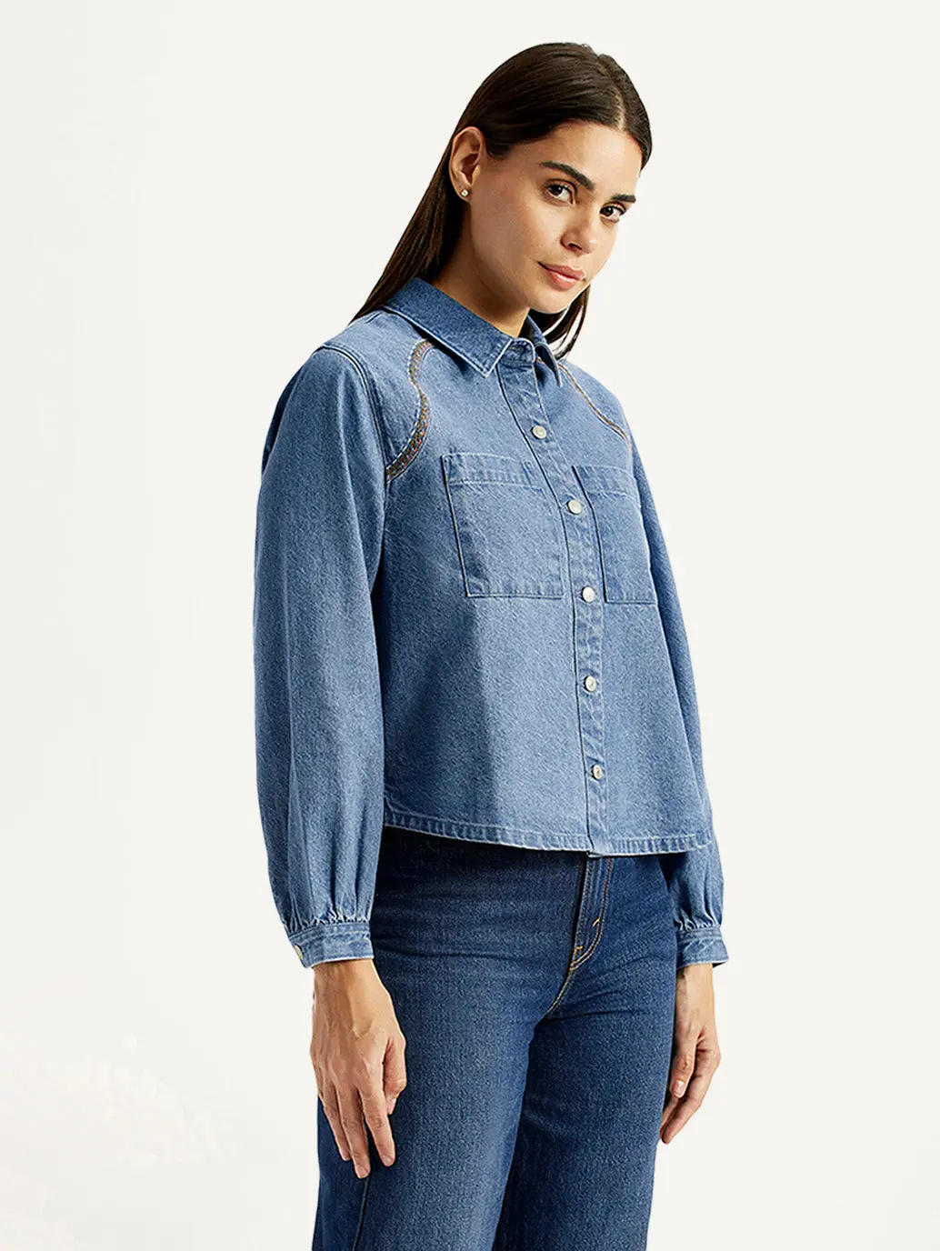Women's Solid Indigo Spread Collar Relaxed Fit Shirt 5