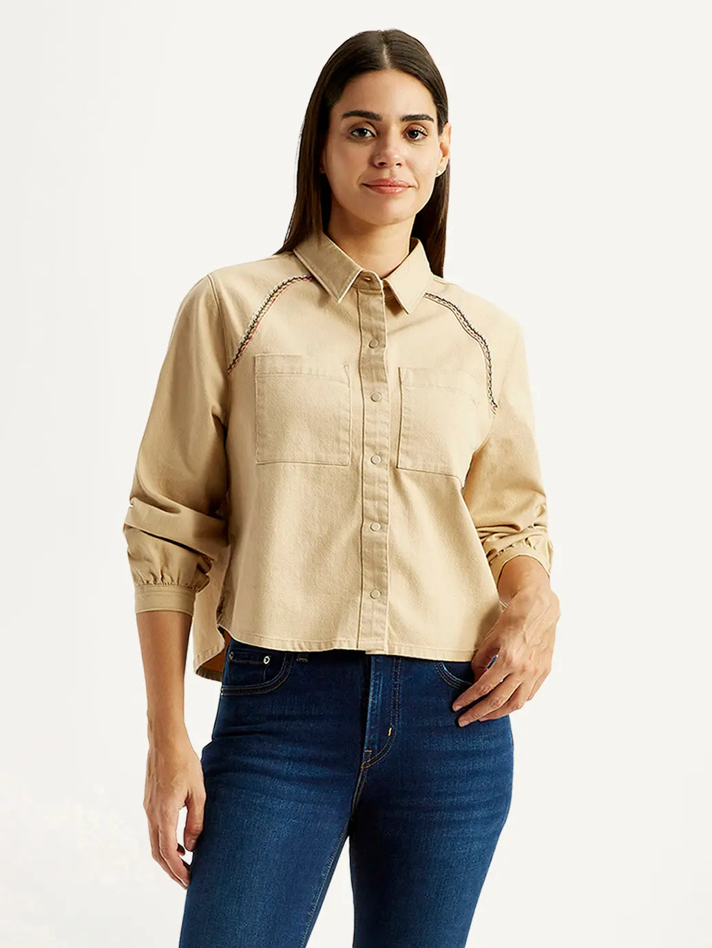 Women's Solid Beige Spread Collar Relaxed Fit Shirt 1