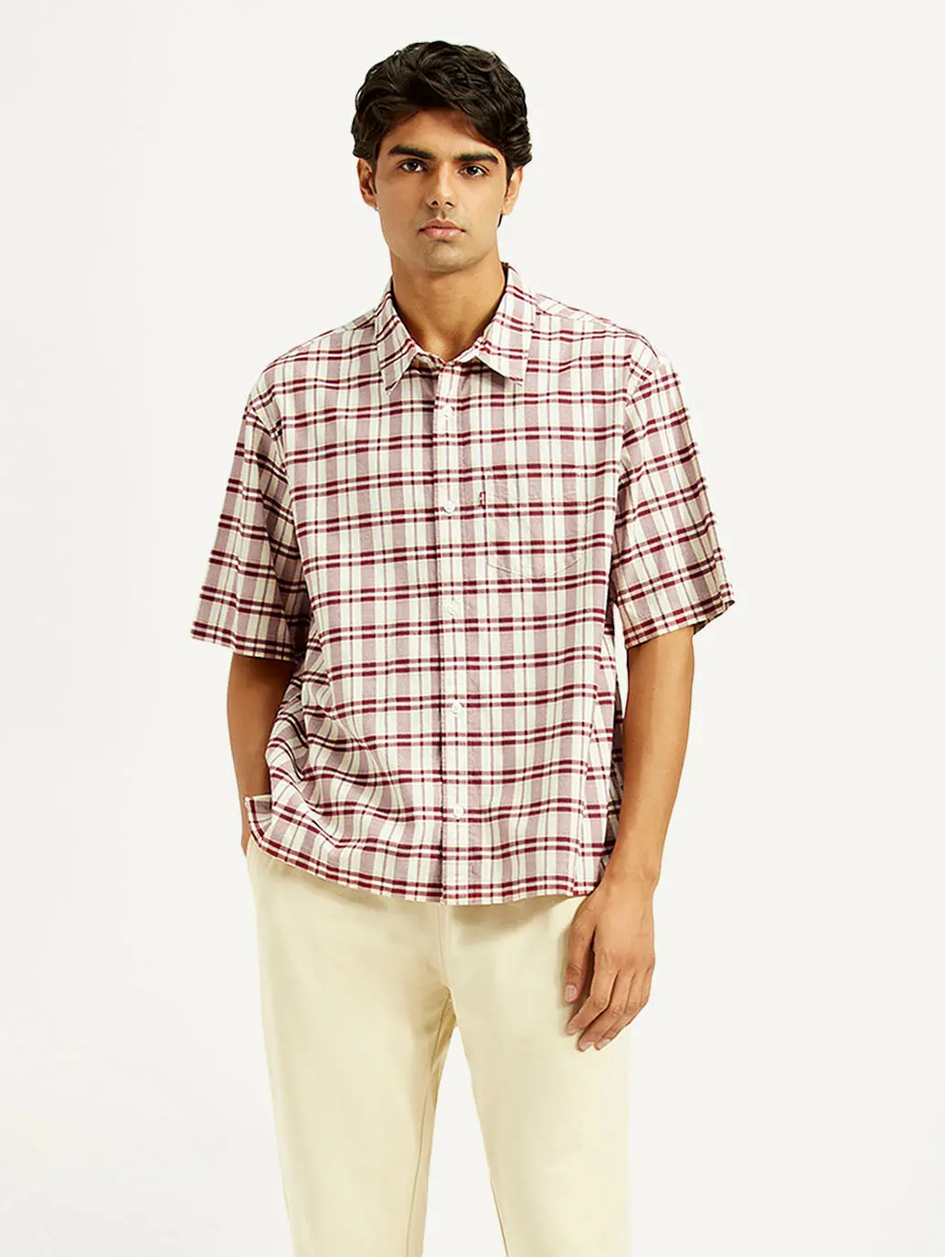 Men's Checkered White Spread Collar Shirt 1