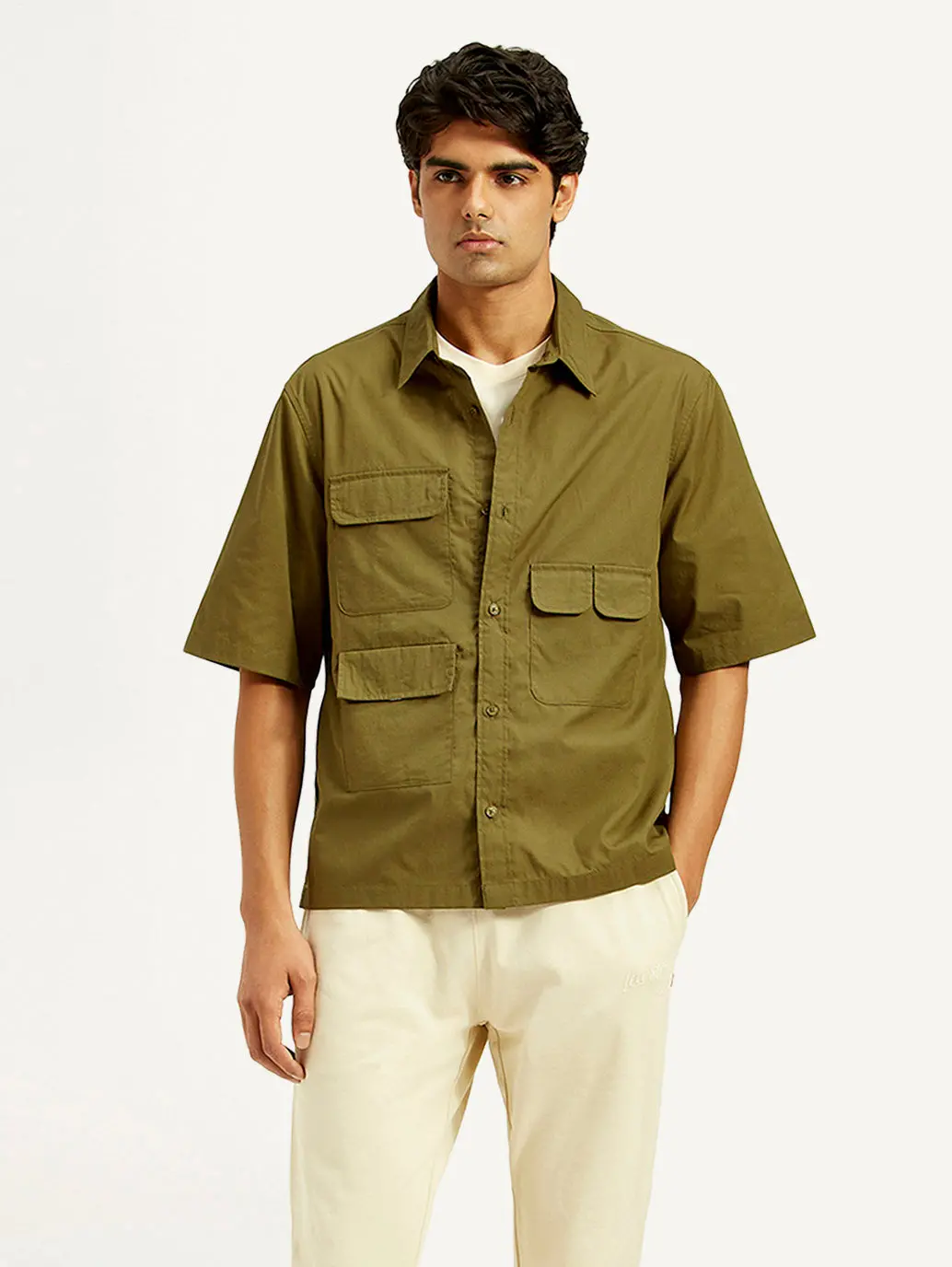 Men's Solid Olive Spread Collar Shirt 1