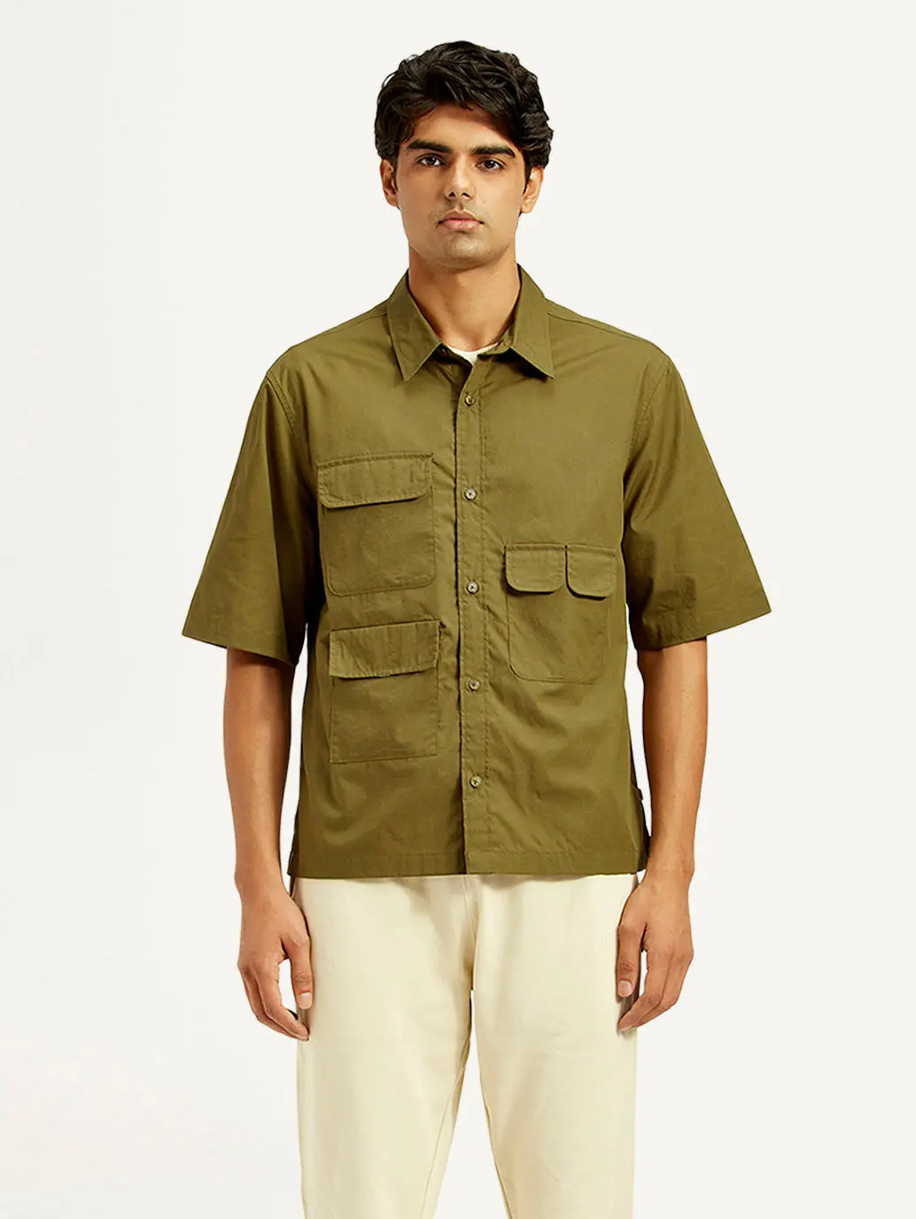 Men's Solid Olive Spread Collar Shirt 2