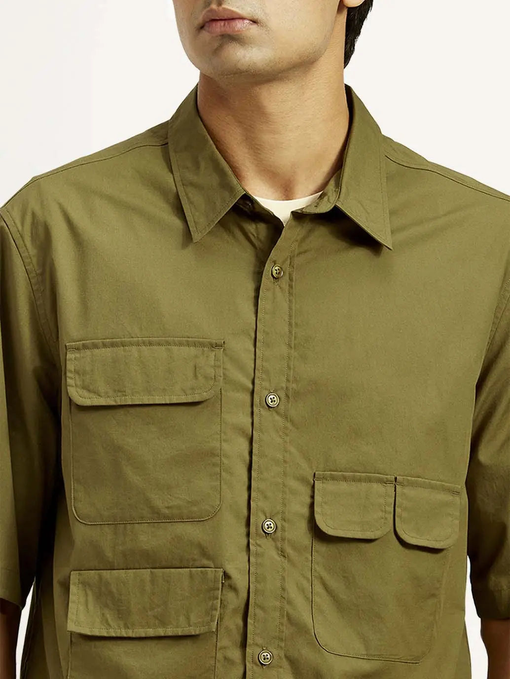 Men's Solid Olive Spread Collar Shirt 4