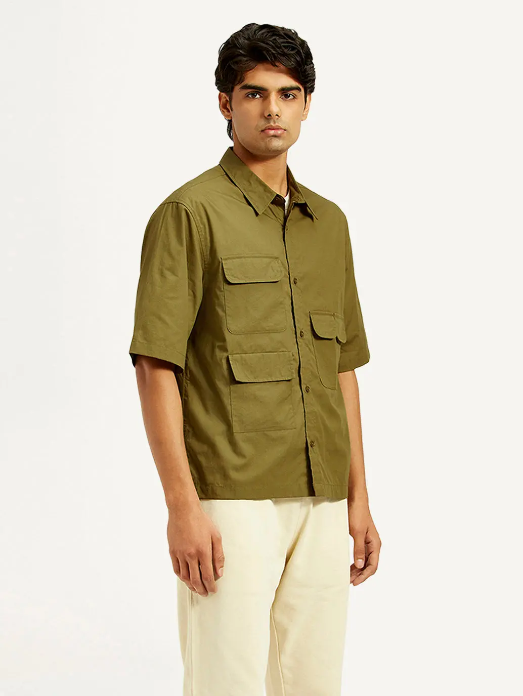 Men's Solid Olive Spread Collar Shirt 5
