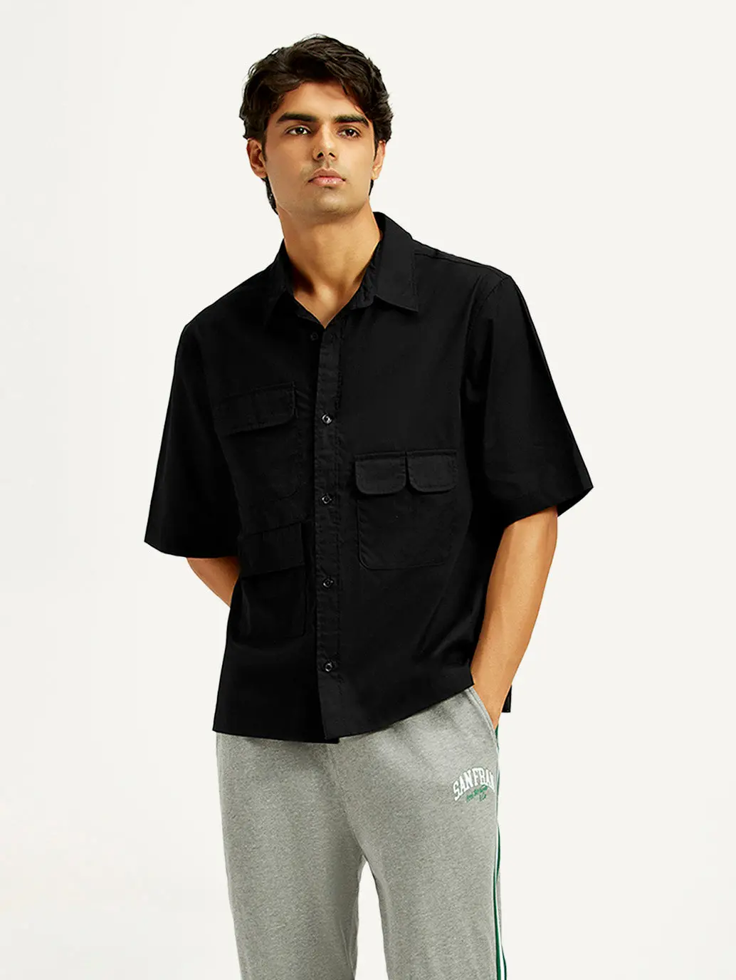 Men's Solid Black Spread Collar Shirt 1