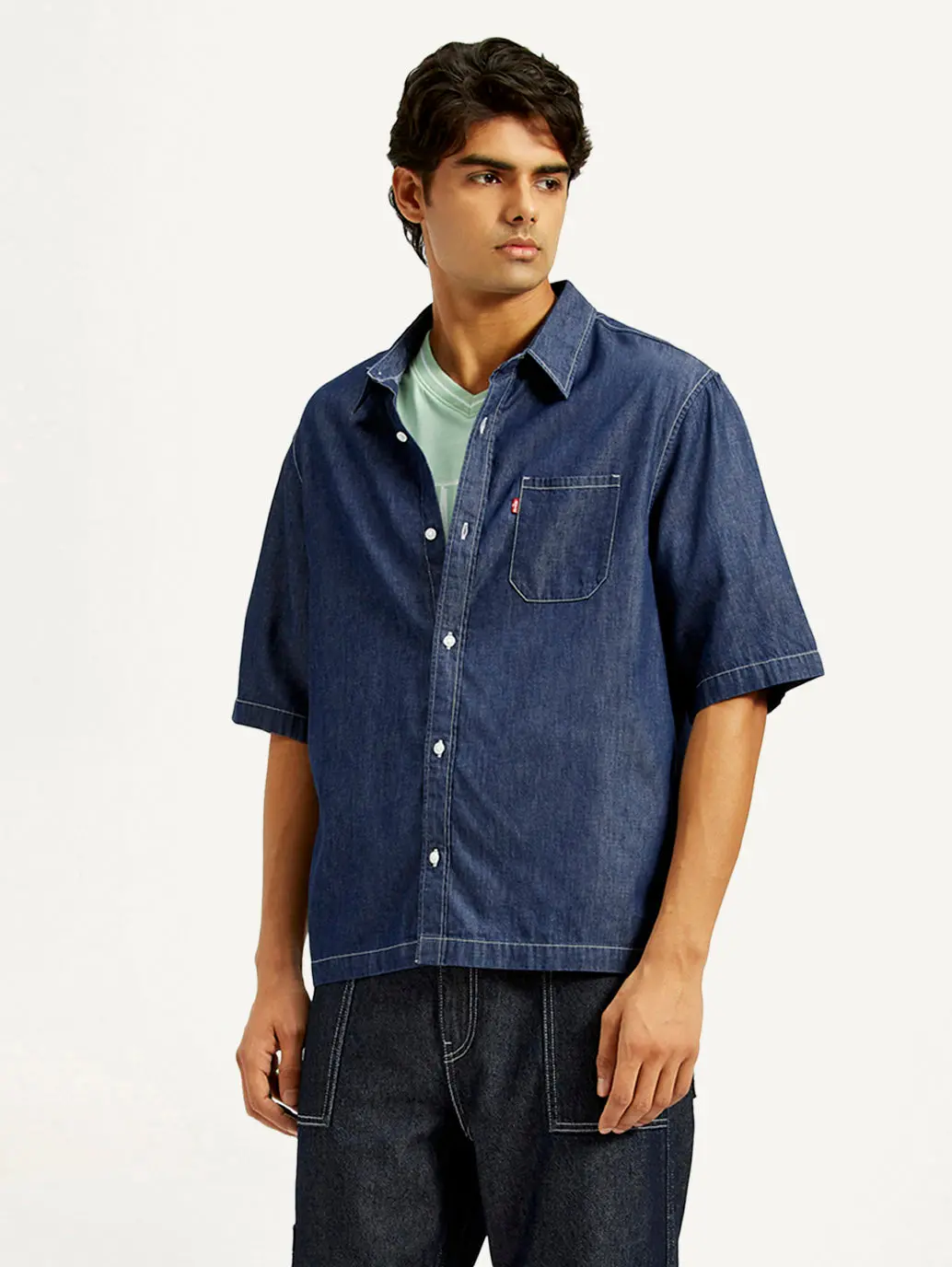 Men's Solid Dark Blue Spread Collar Denim Shirt 1