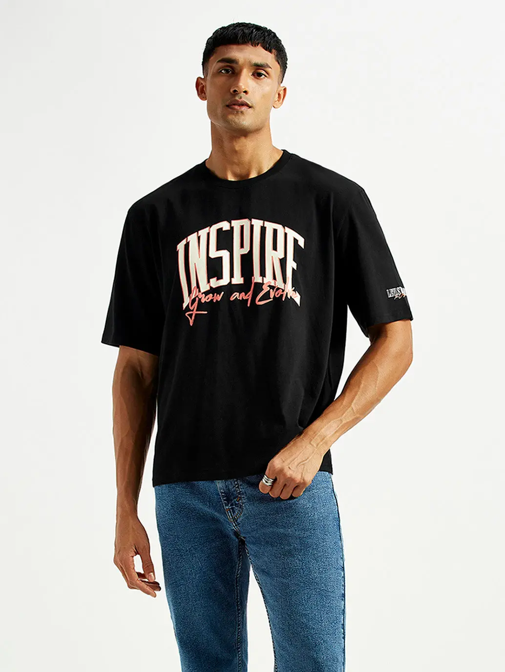 Men's Typographic Print Black Loose Fit T-Shirt 1
