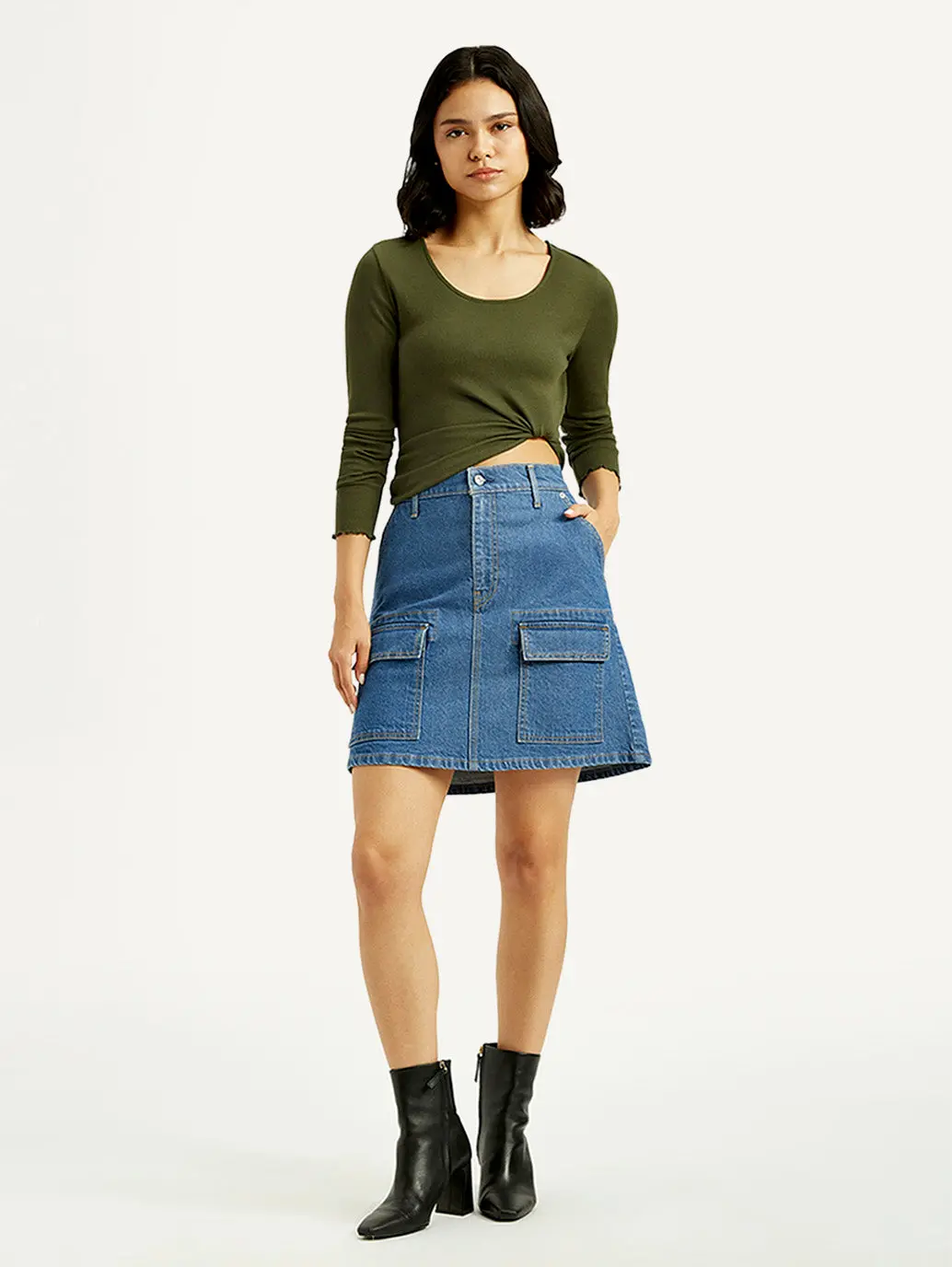Women's Blue Straight Fit Mid Rise Skirt 1