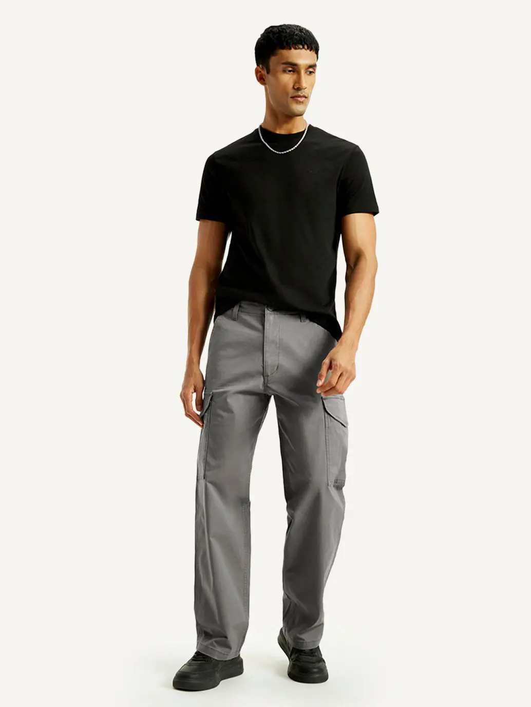 Men's Grey Baggy Fit Mid Rise Cargo Trousers 1