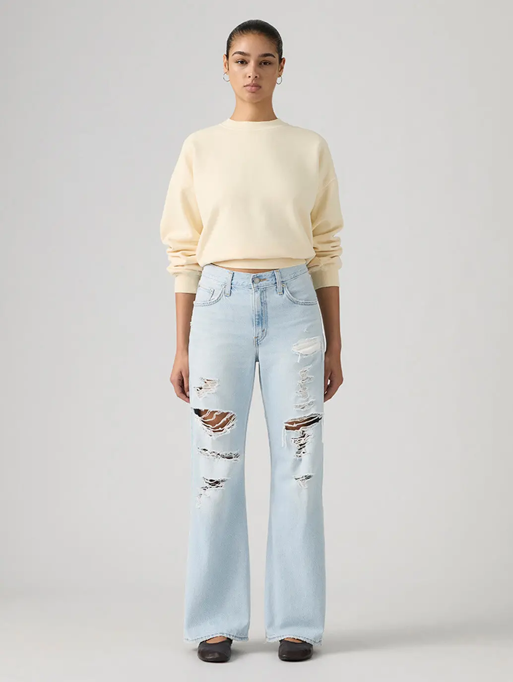 Women's Med Indigo Loose Bootcut Fit Mid Rise Jeans 1