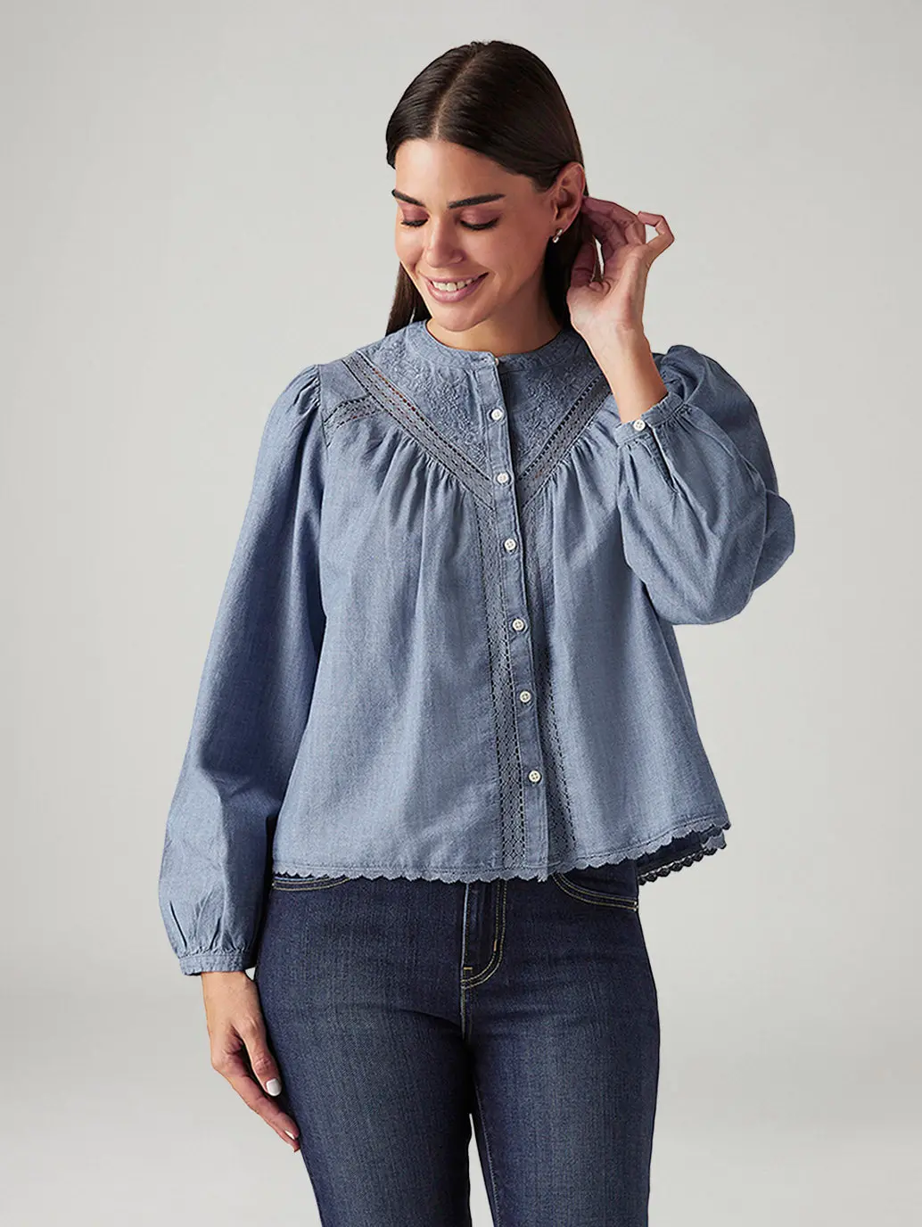 Women's Embroidered Blue Band Neck Top 1