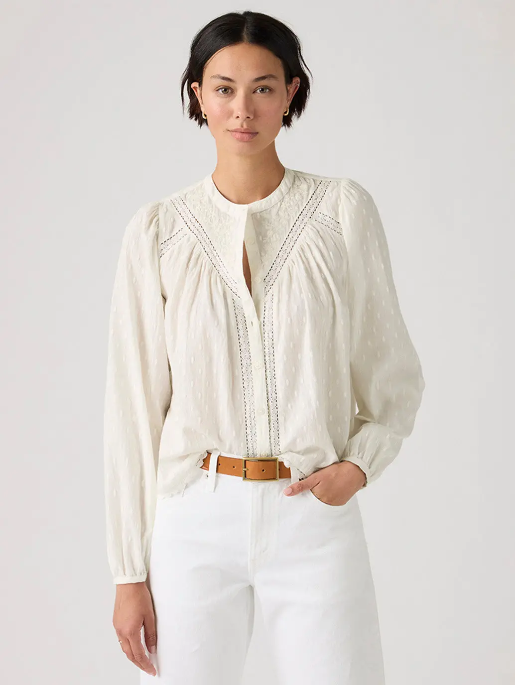 Women's Embroidered Off-White Band Neck Top 1