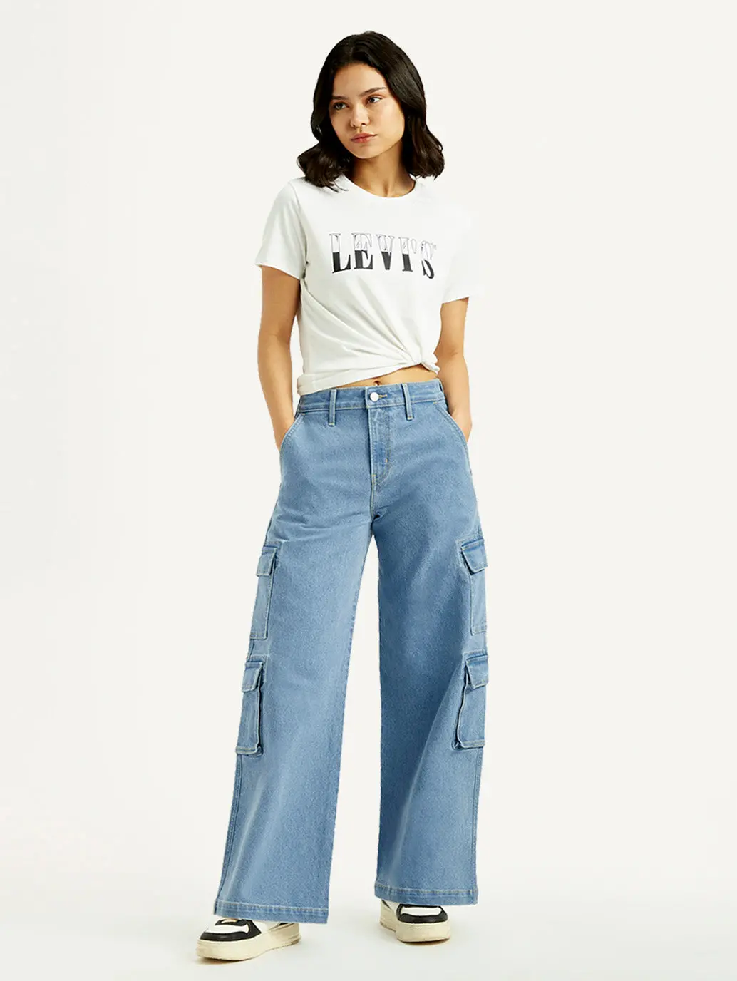 Women's Med Indigo Baggy Fit Mid Rise Cargo Jeans 1