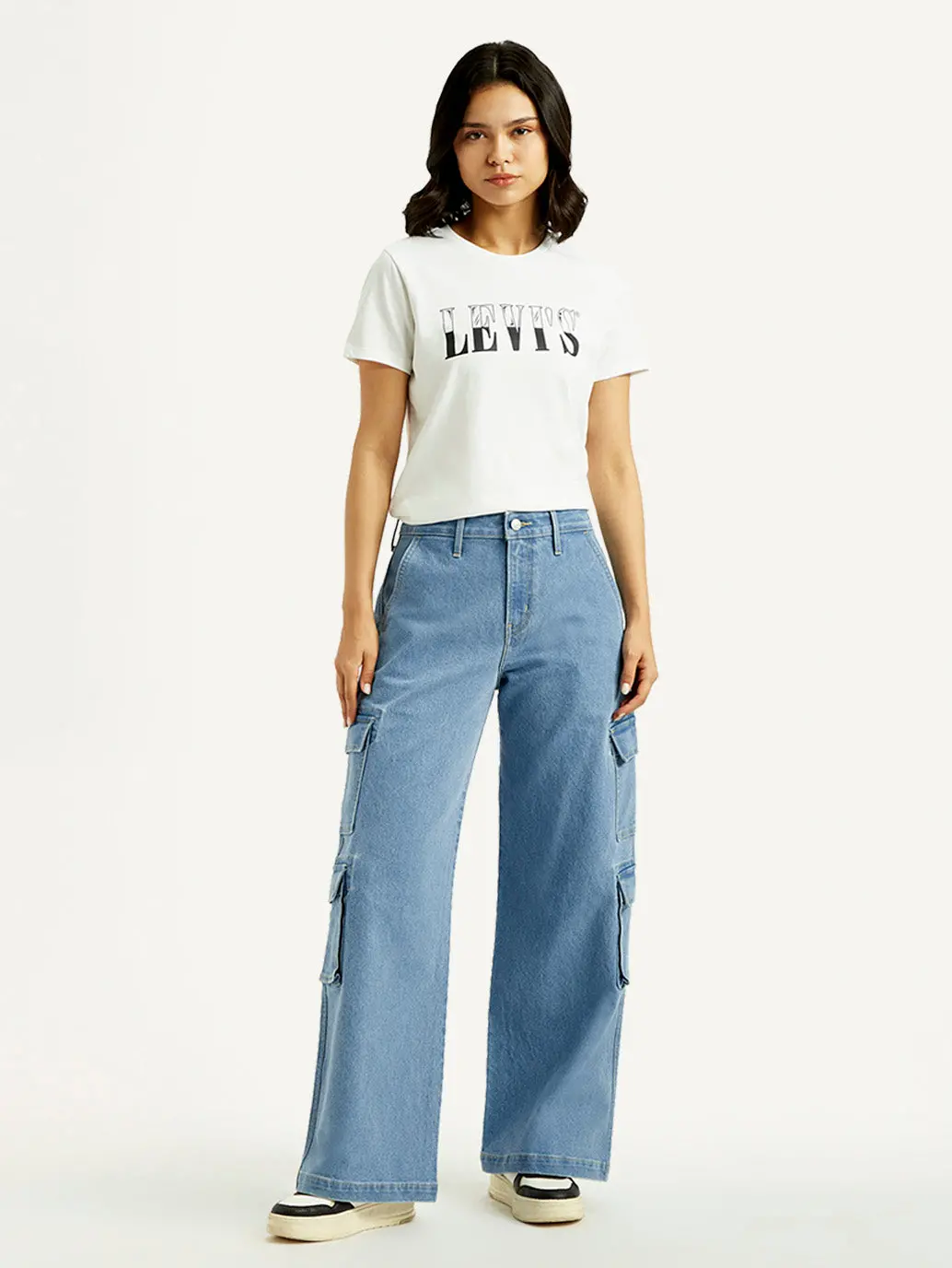 Women's Med Indigo Baggy Fit Mid Rise Cargo Jeans 7