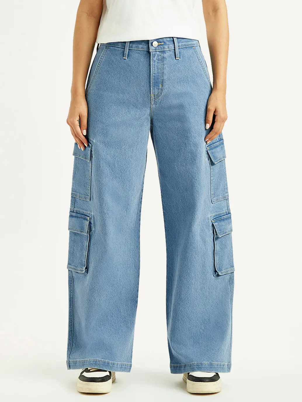 Women's Med Indigo Baggy Fit Mid Rise Cargo Jeans 2
