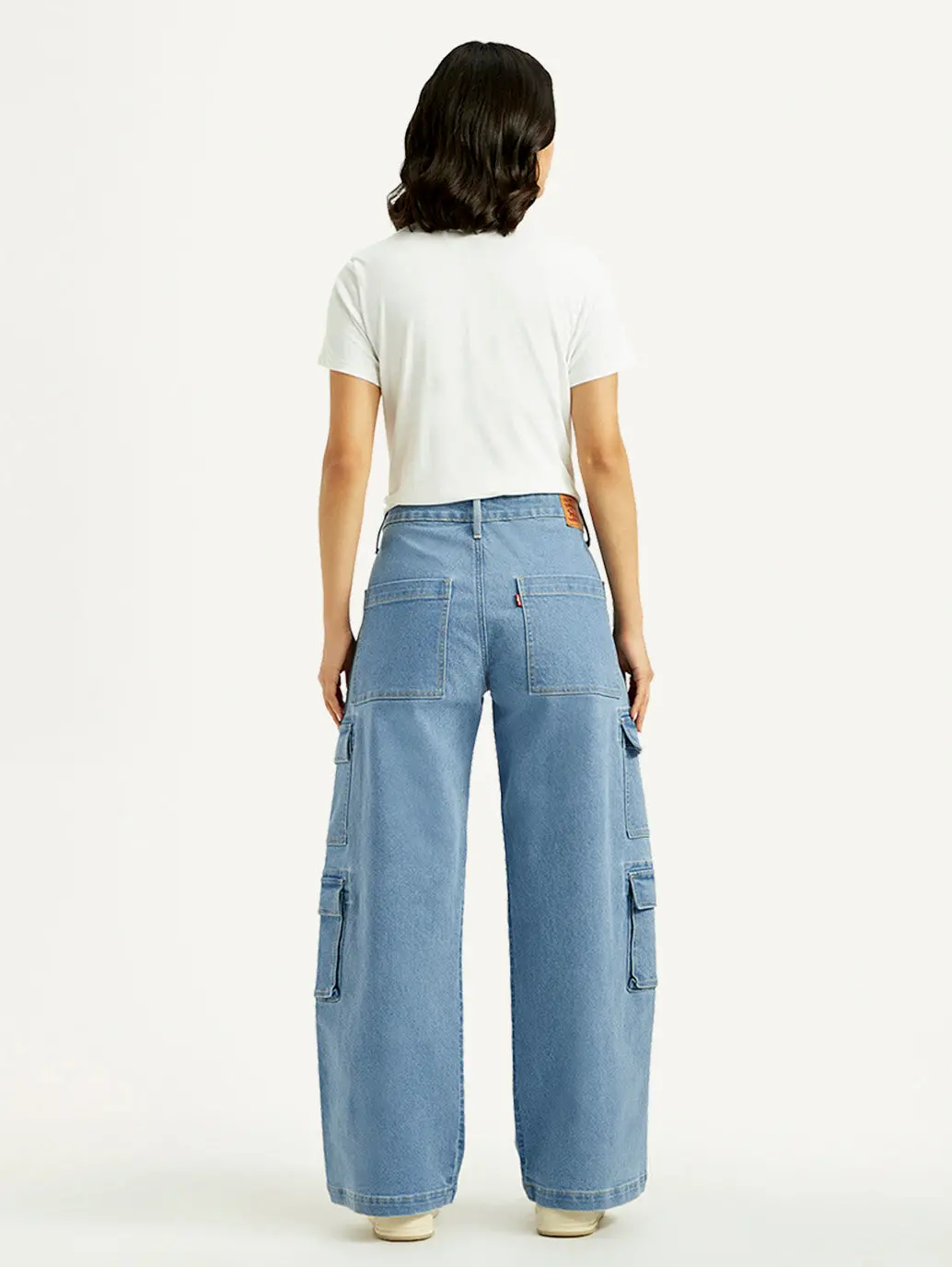 Women's Med Indigo Baggy Fit Mid Rise Cargo Jeans 3