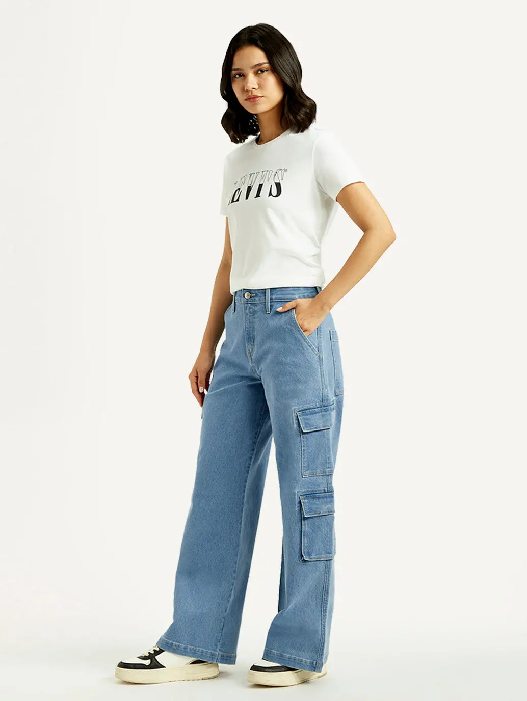 Women's Med Indigo Baggy Fit Mid Rise Cargo Jeans 6