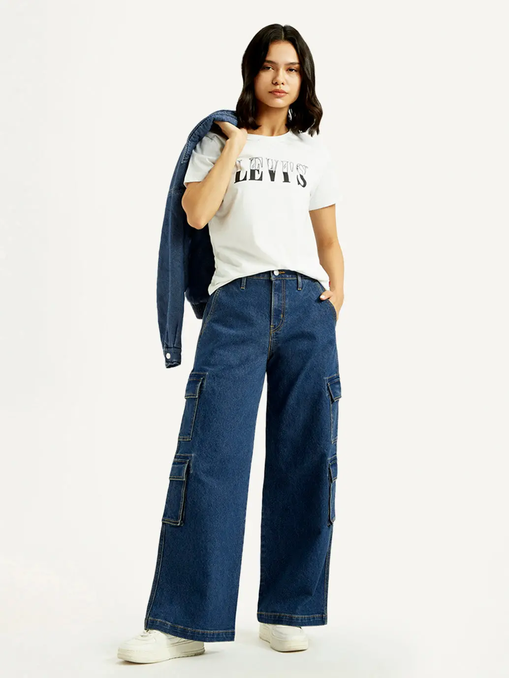 Women's Med Indigo Baggy Fit Mid Rise Cargo Jeans 1