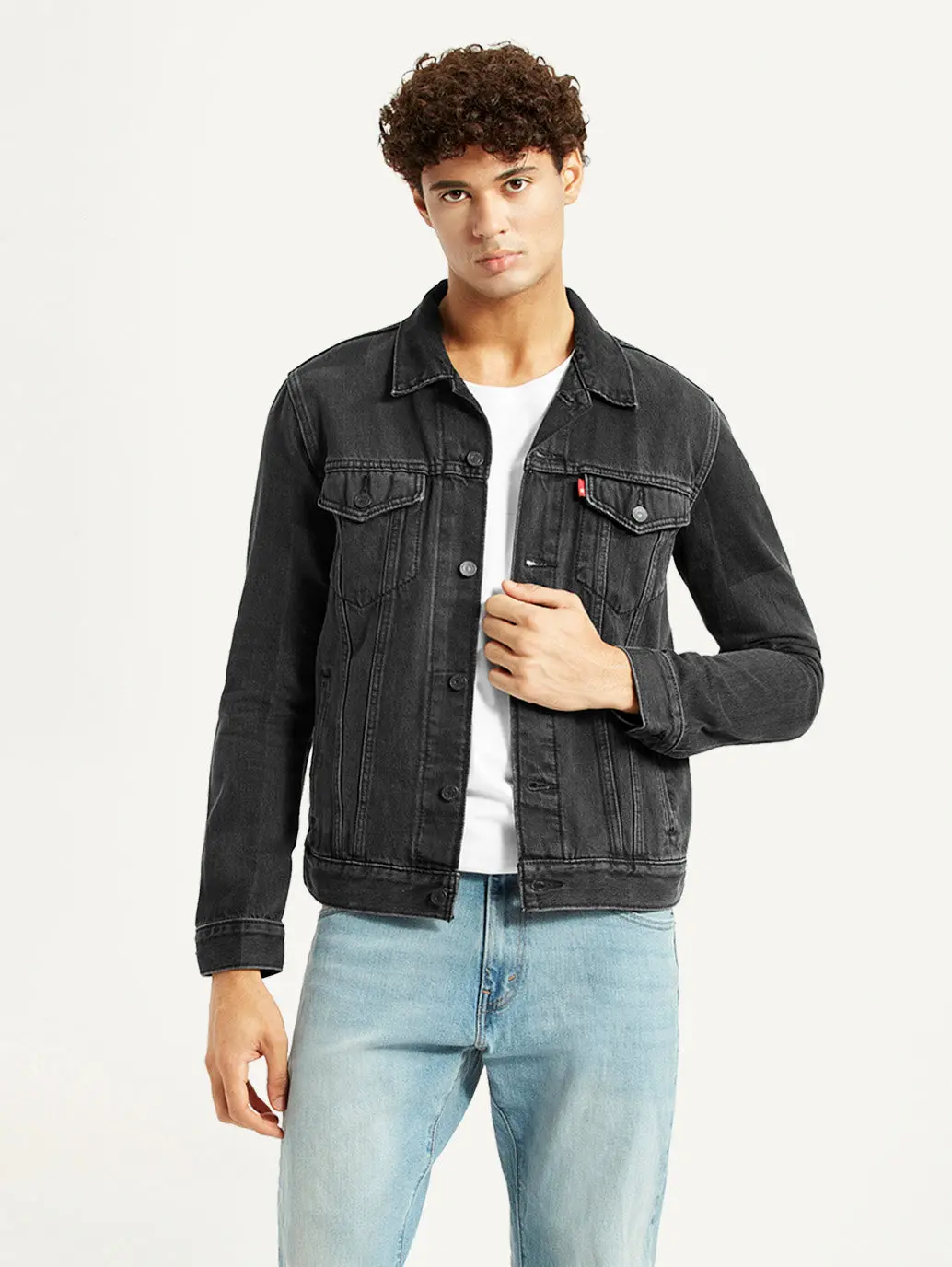 Men's Solid Black Denim Trucker Jacket 1
