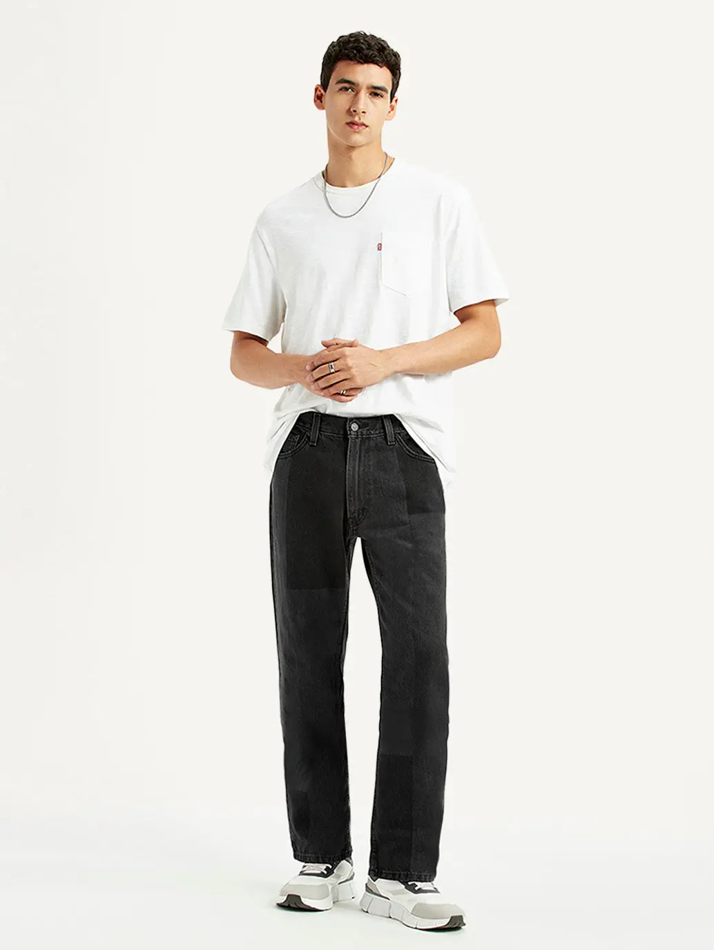Men's 555 Black Patchwork Relaxed Straight Fit Mid Rise Jeans 1