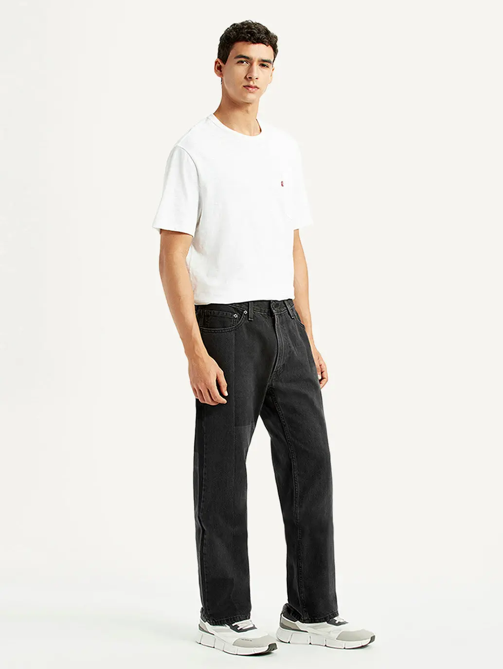Men's 555 Black Patchwork Relaxed Straight Fit Mid Rise Jeans 7