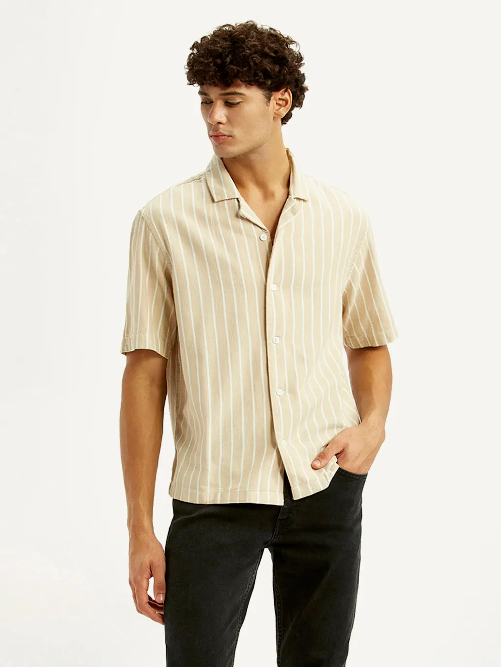 Men's Striped Peach Boxy Fit Camp Shirt 1