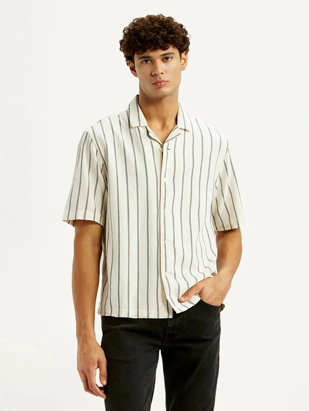 Men's Striped Off White Boxy Fit Camp Shirt 1