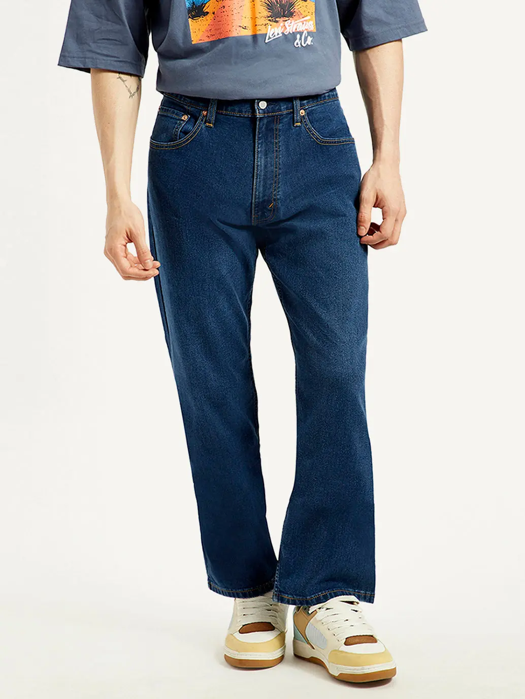 Men's 555 Dark Indigo Relaxed Straight Fit Mid Rise Jeans 7