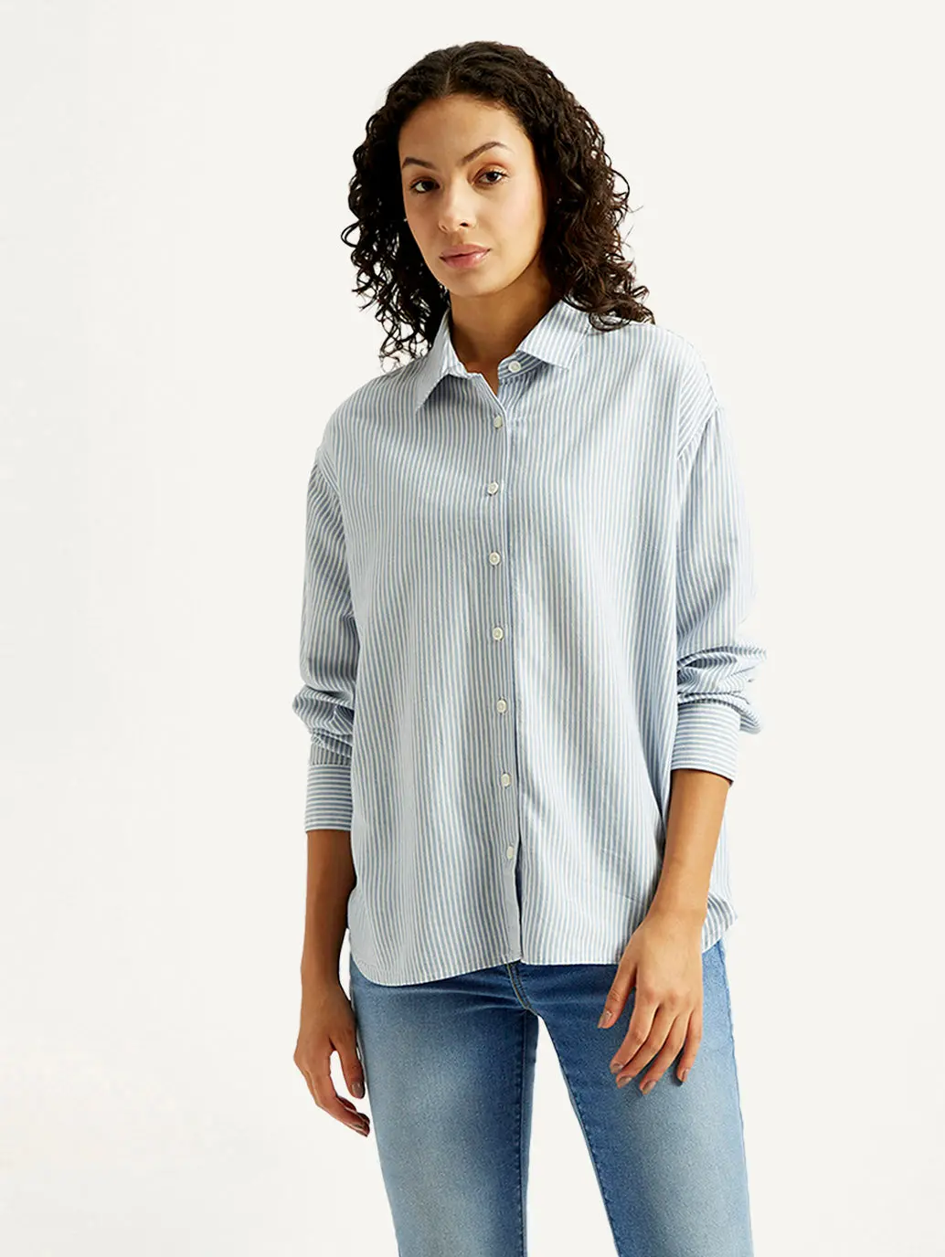 Women's Light Blue Striped Relaxed Fit Shirt 1