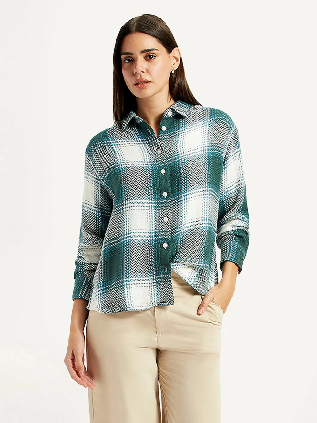 Women's Plaid Green Relaxed Fit Shirt 1