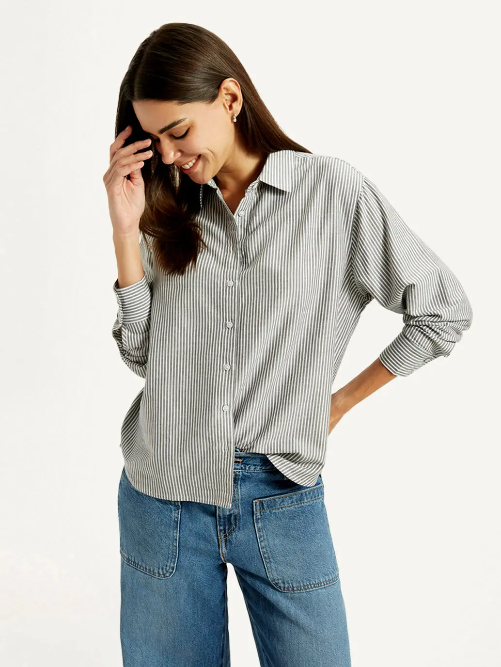 Women's Striped Grey Relaxed Fit Shirt 1