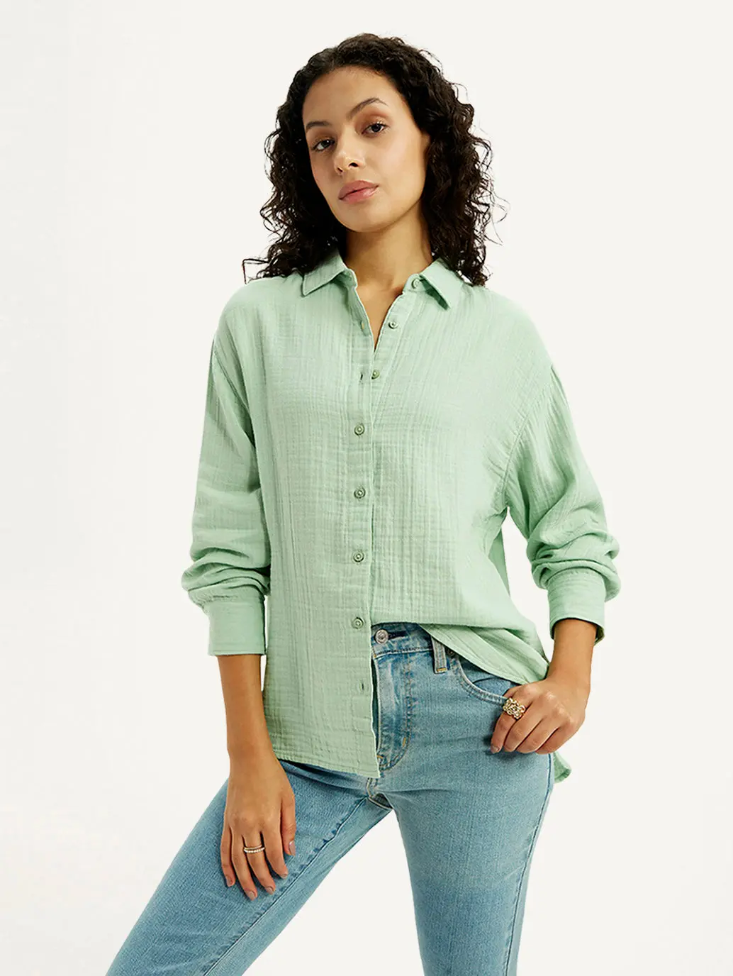 Women's Textured Light Green Relaxed Fit Shirt 1