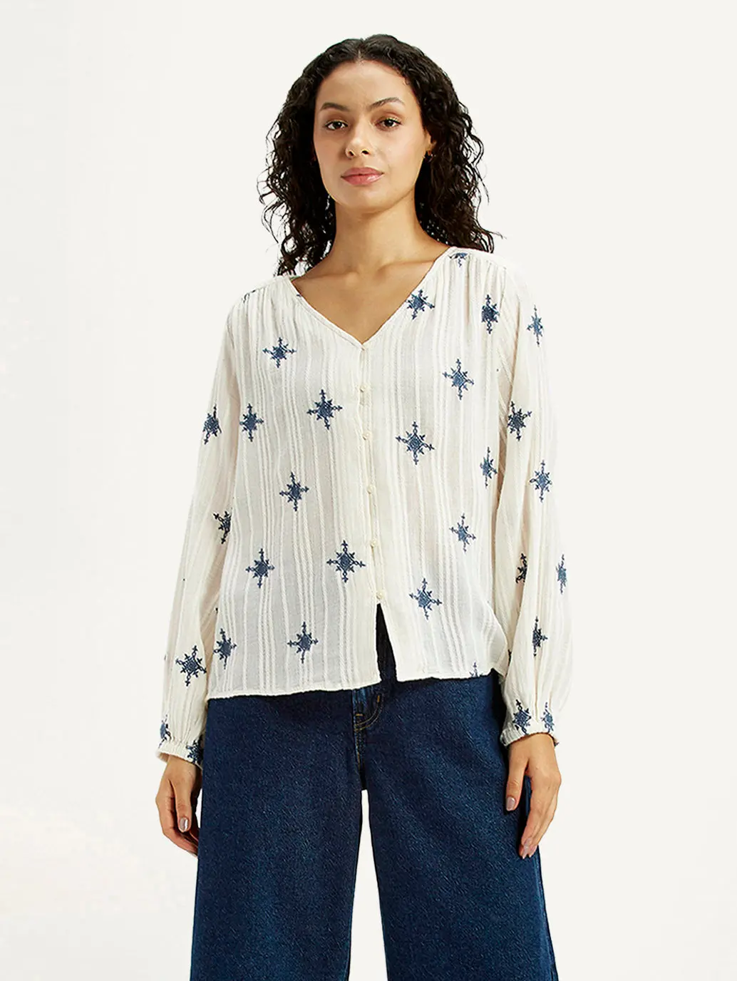 Women's Embroidered Off White V-Neck Top 1