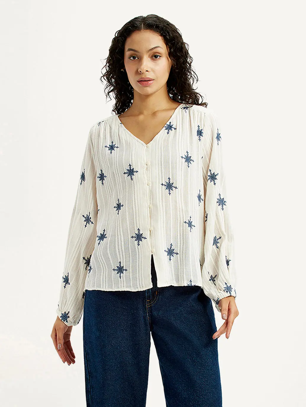 Women's Embroidered Off White V-Neck Top 5
