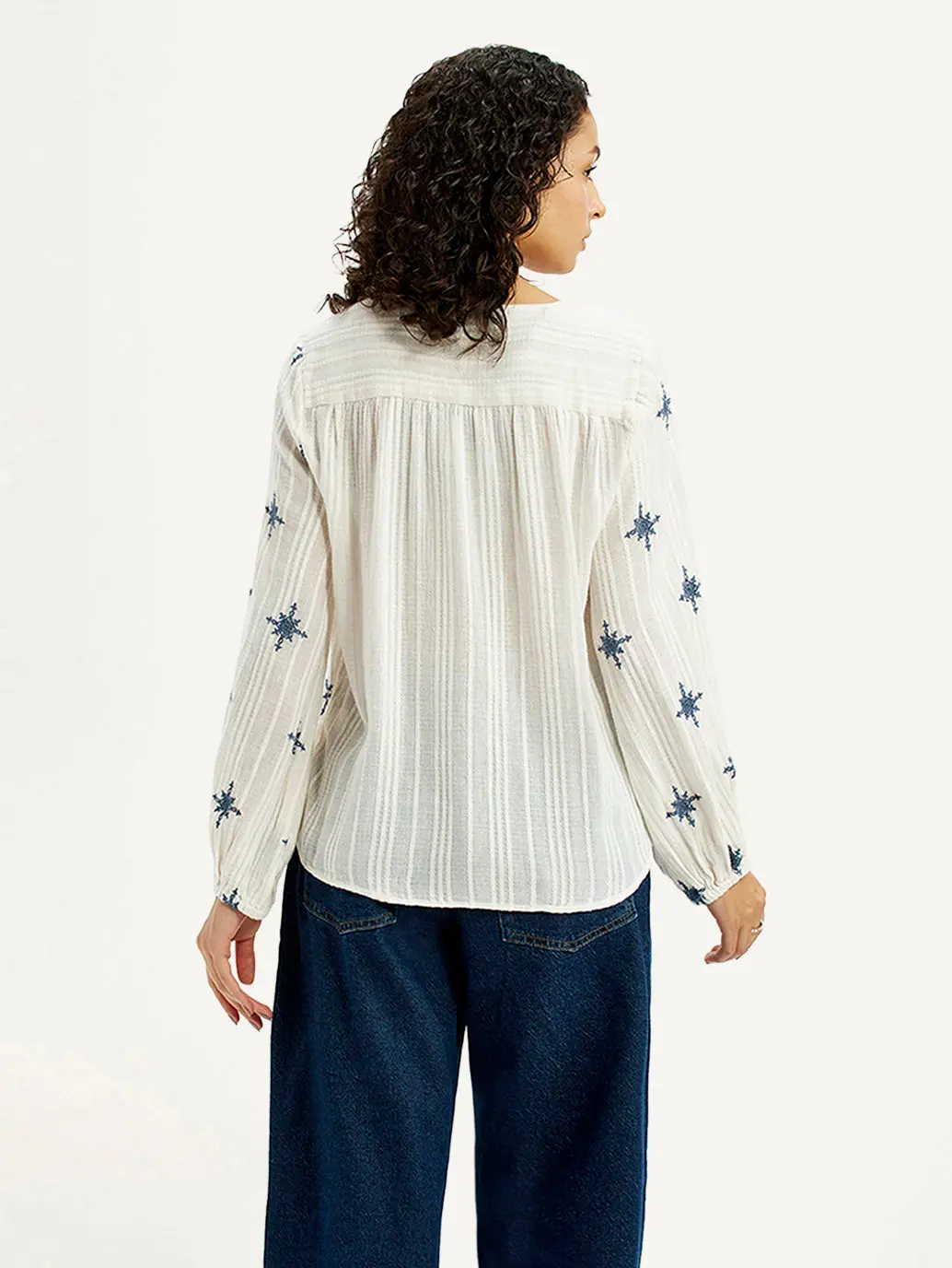 Women's Embroidered Off White V-Neck Top 2