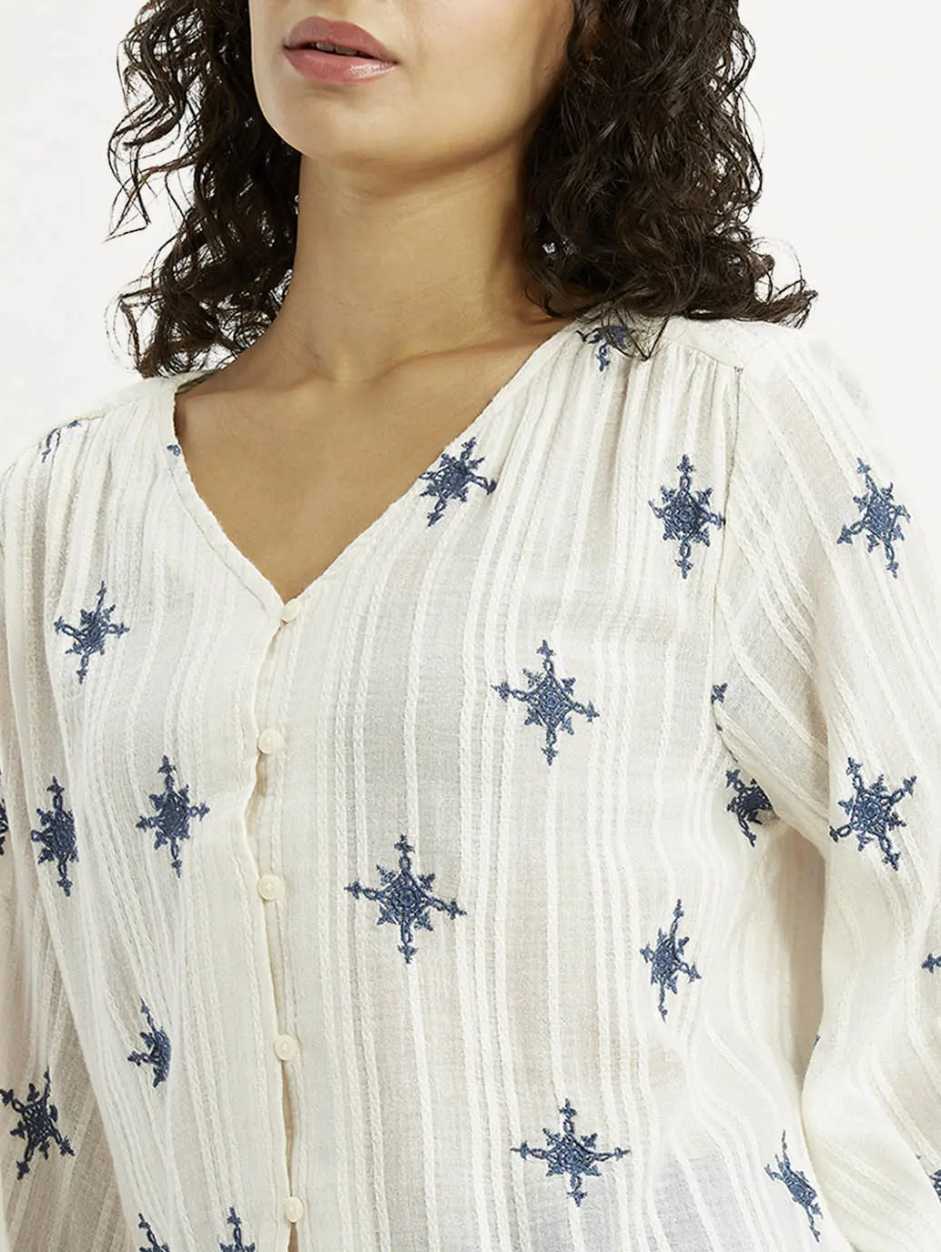 Women's Embroidered Off White V-Neck Top 3
