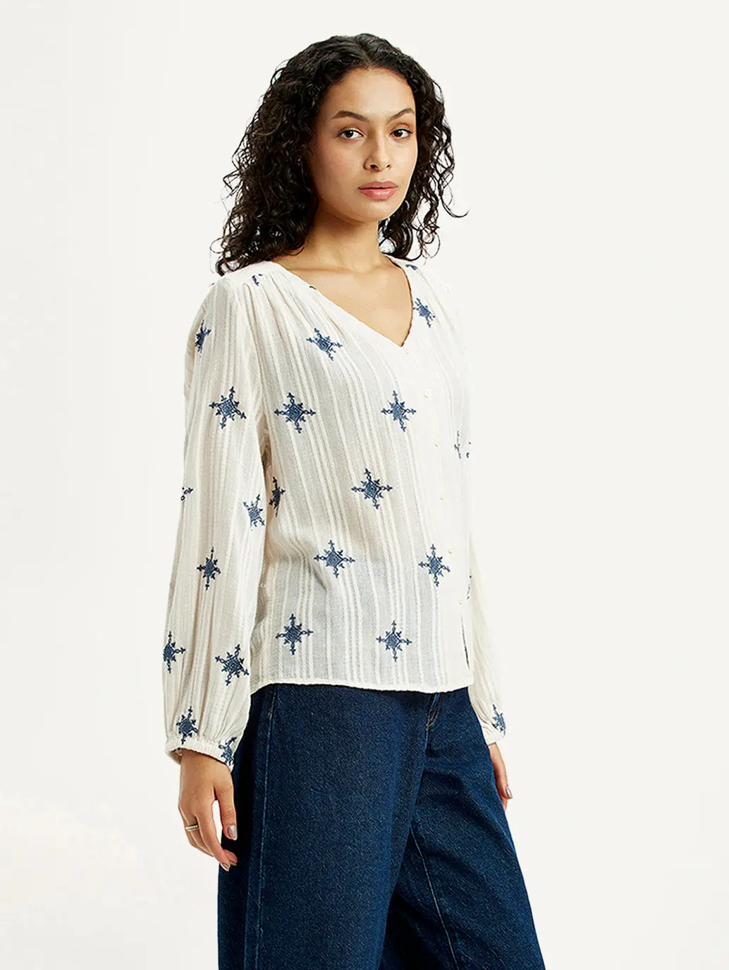 Women's Embroidered Off White V-Neck Top 4