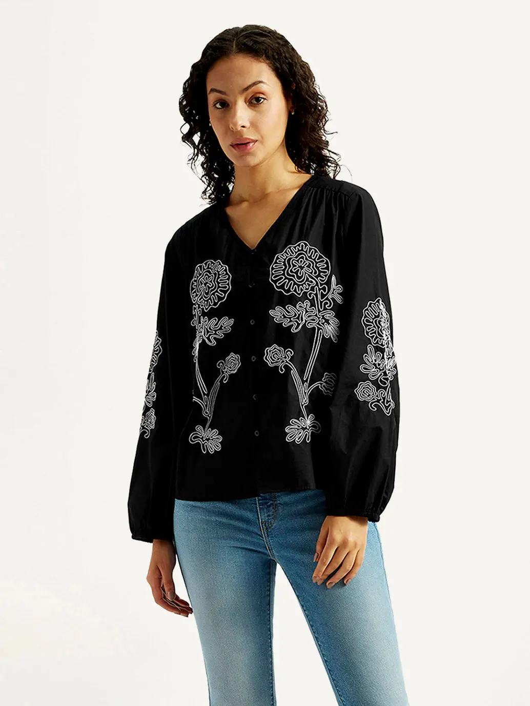 Women's Floral Black V-Neck Top 1