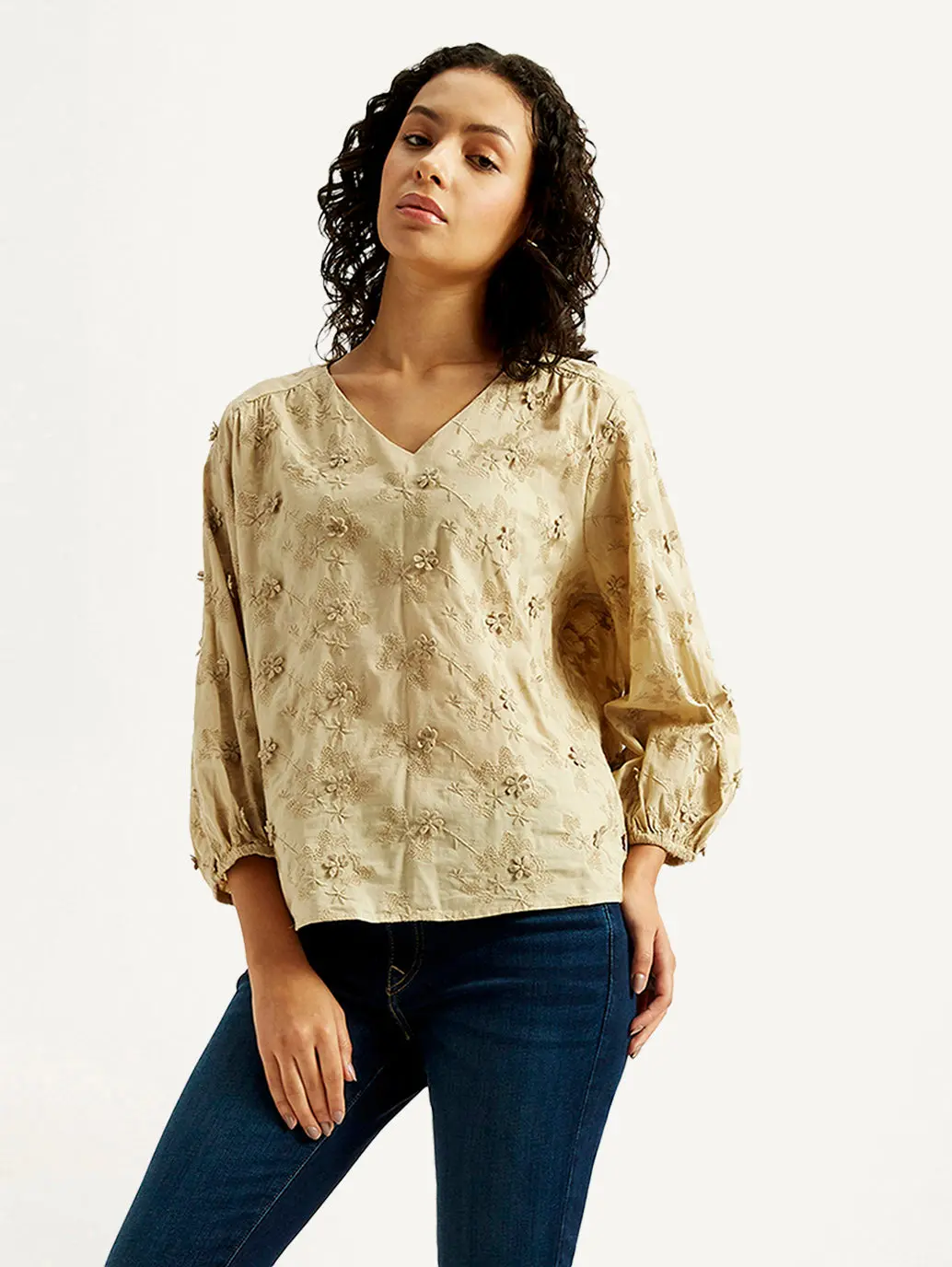 Women's Embroidered Beige V-Neck Top 1