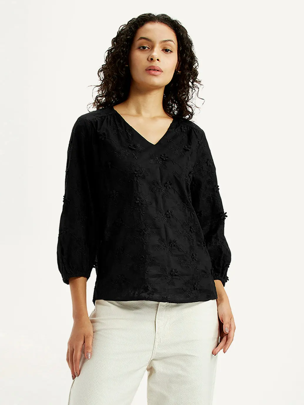 Women's Embroidered Black V-Neck Top 1