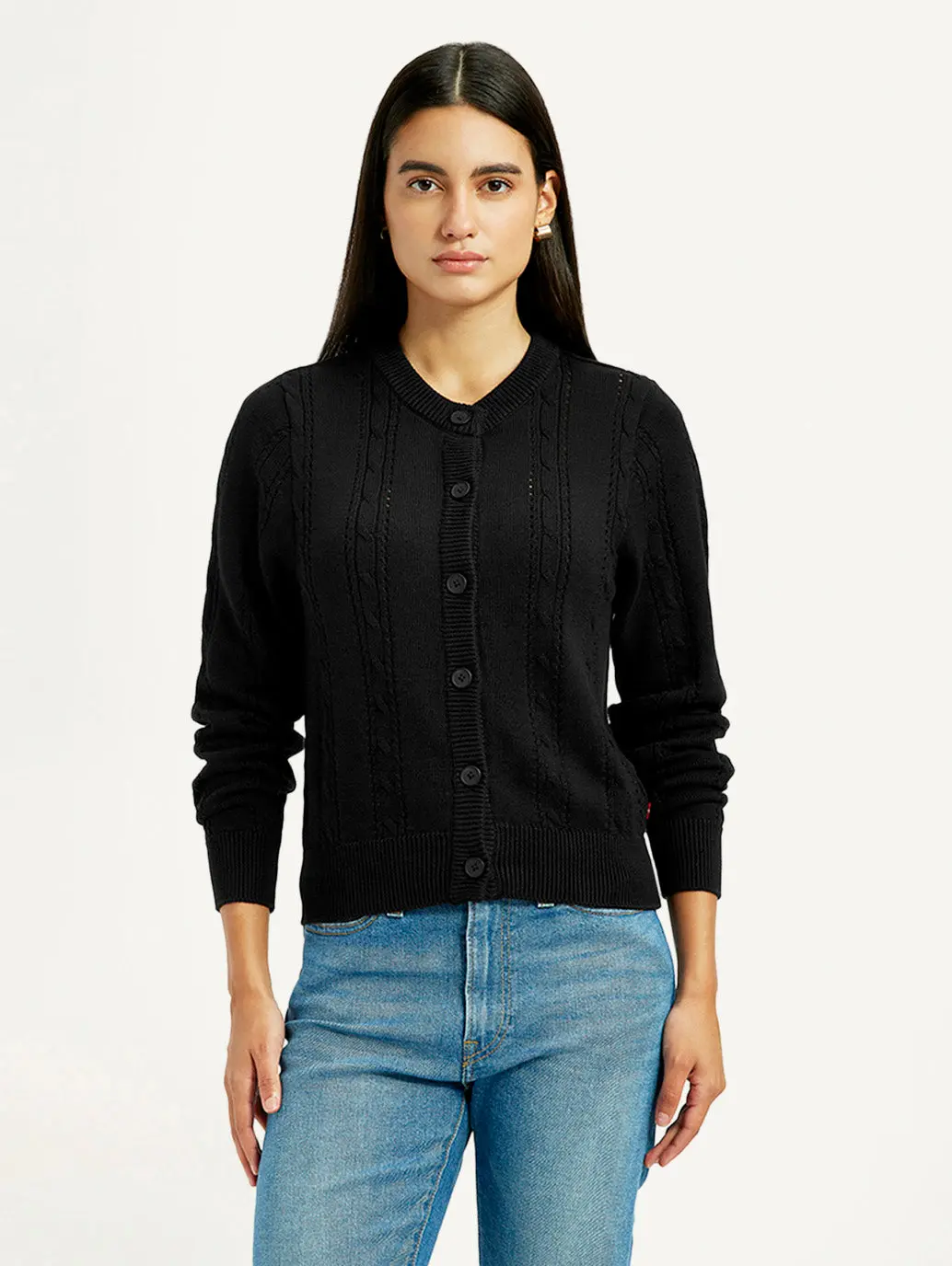 Women's Self Design Black Round Neck Sweater 1