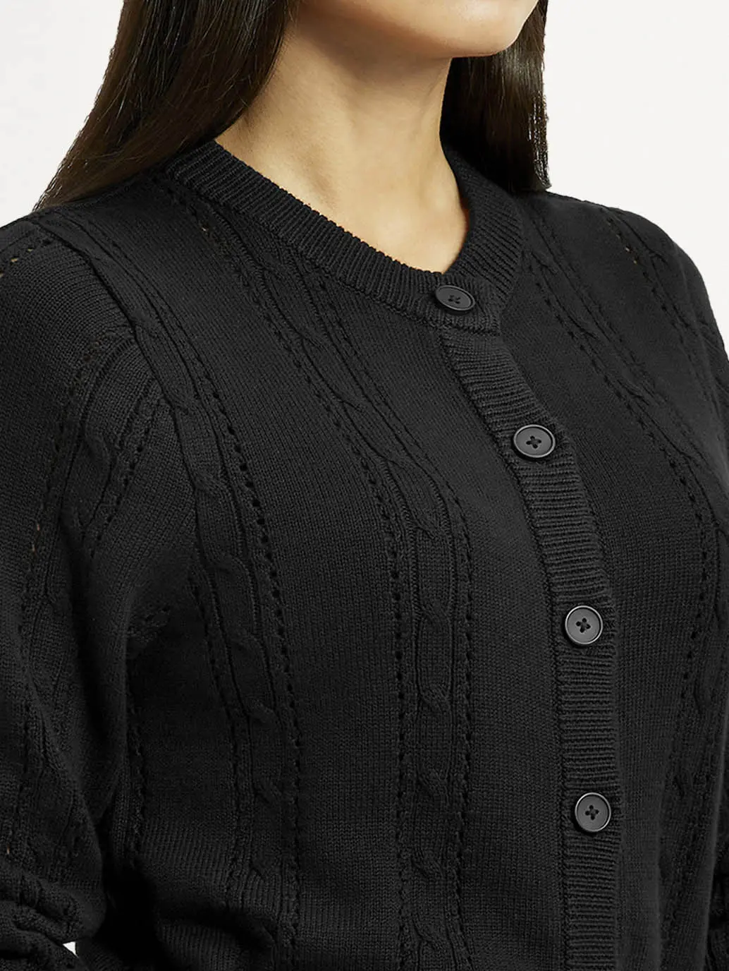 Women's Self Design Black Round Neck Sweater 3