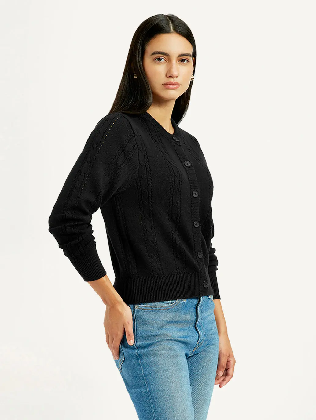 Women's Self Design Black Round Neck Sweater 2