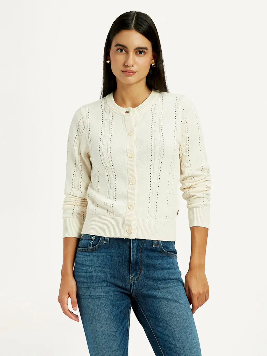 Women's Self Design Cream Round Neck Sweater 1