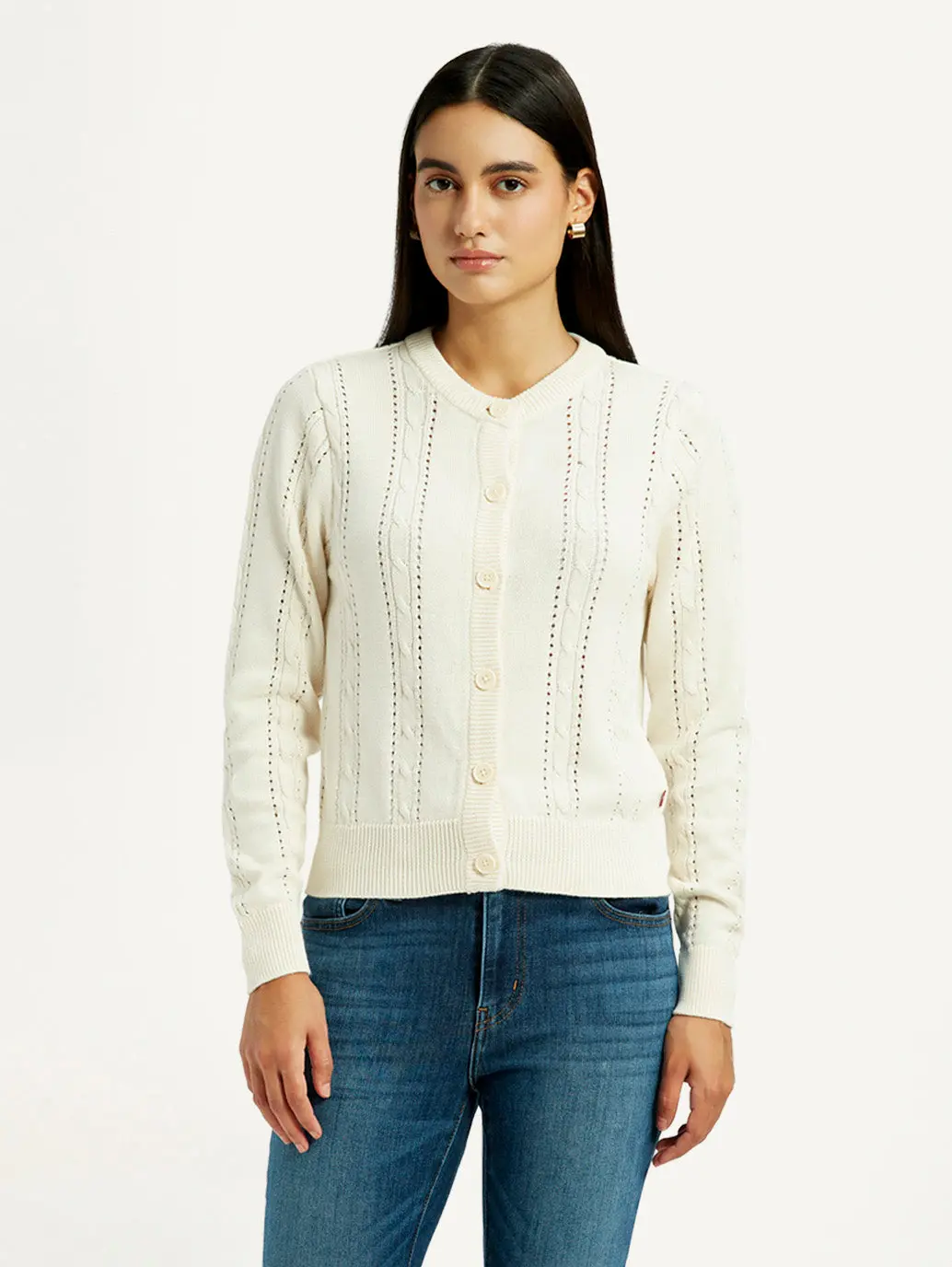 Women's Self Design Cream Round Neck Sweater 3