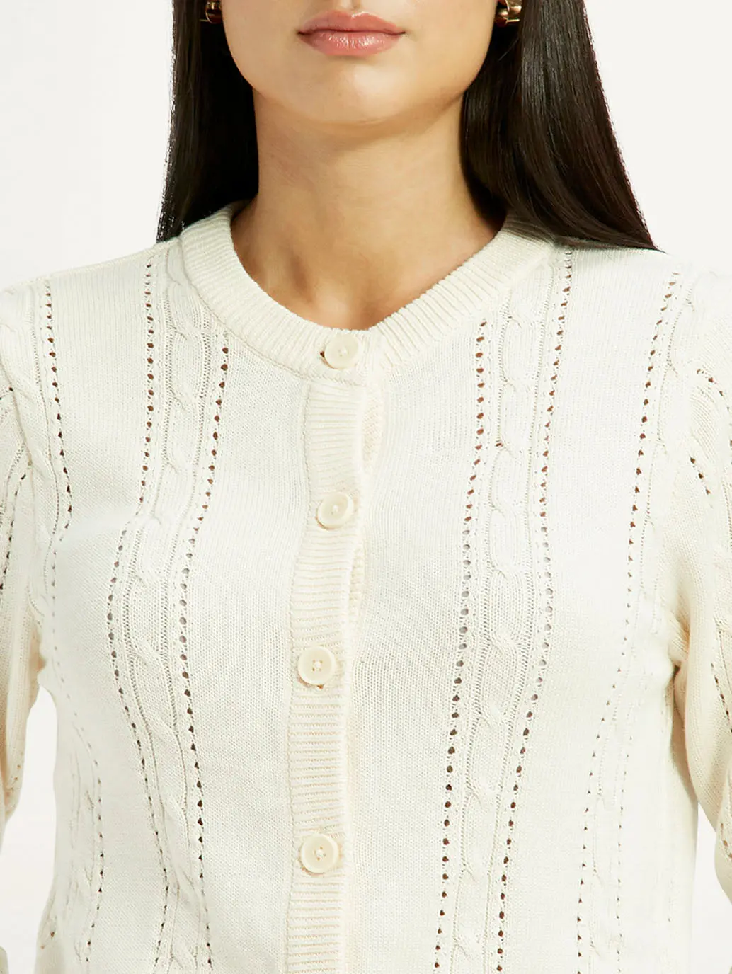 Women's Self Design Cream Round Neck Sweater 5