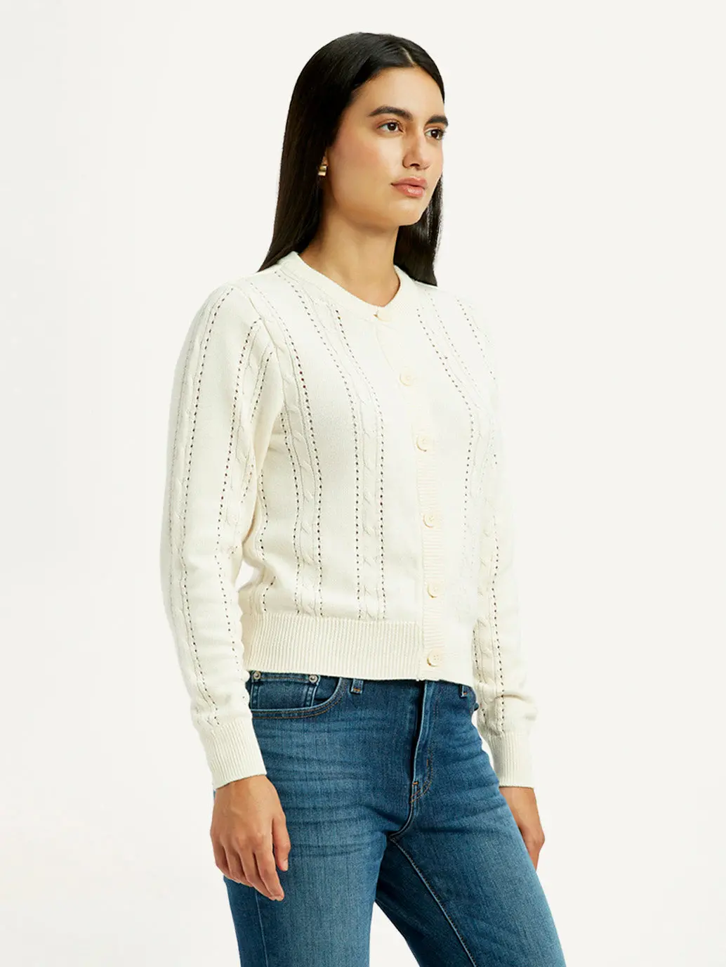 Women's Self Design Cream Round Neck Sweater 4