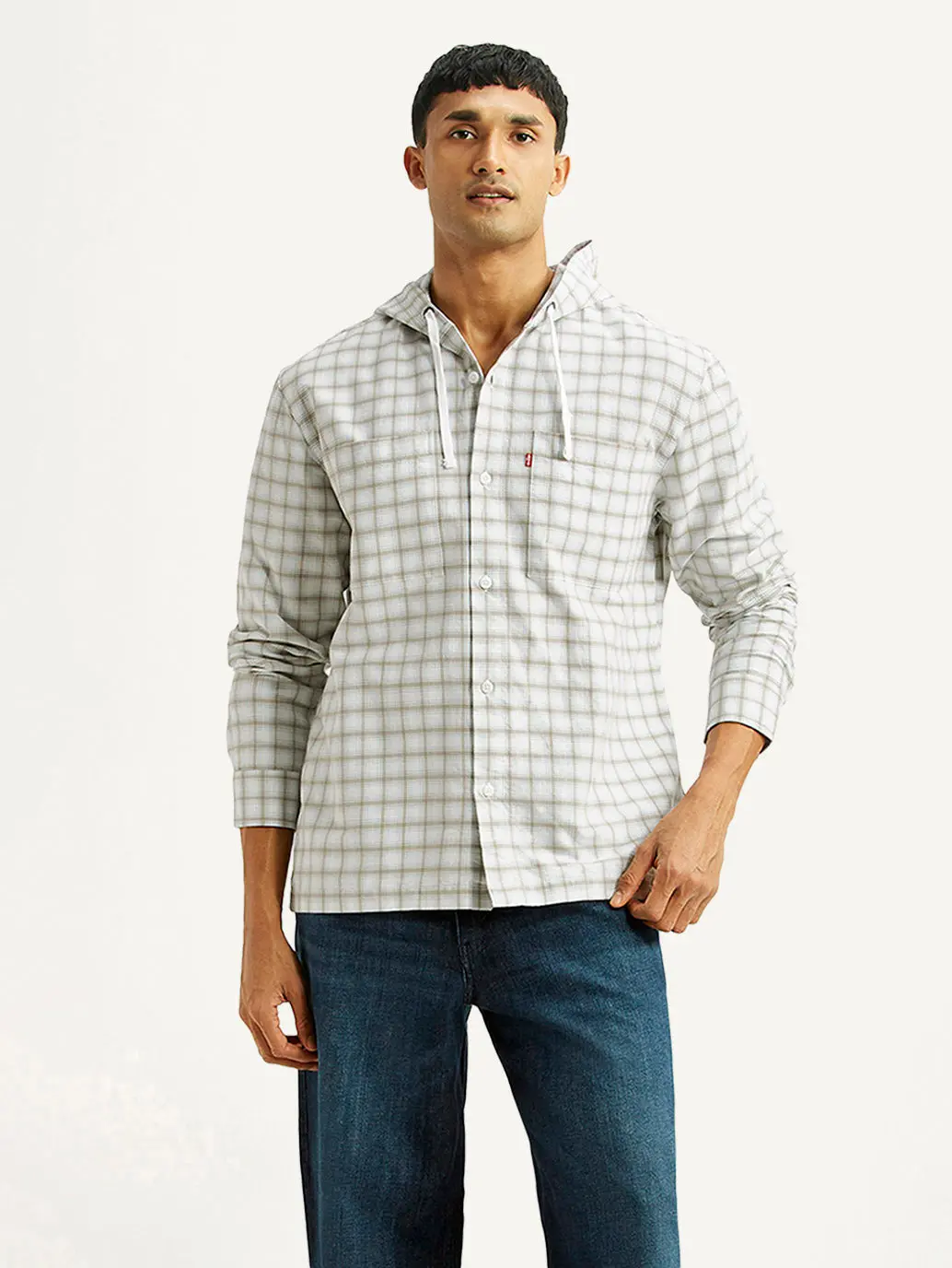Men's Checkered White Relaxed Fit Hooded Oxford Overshirt 1
