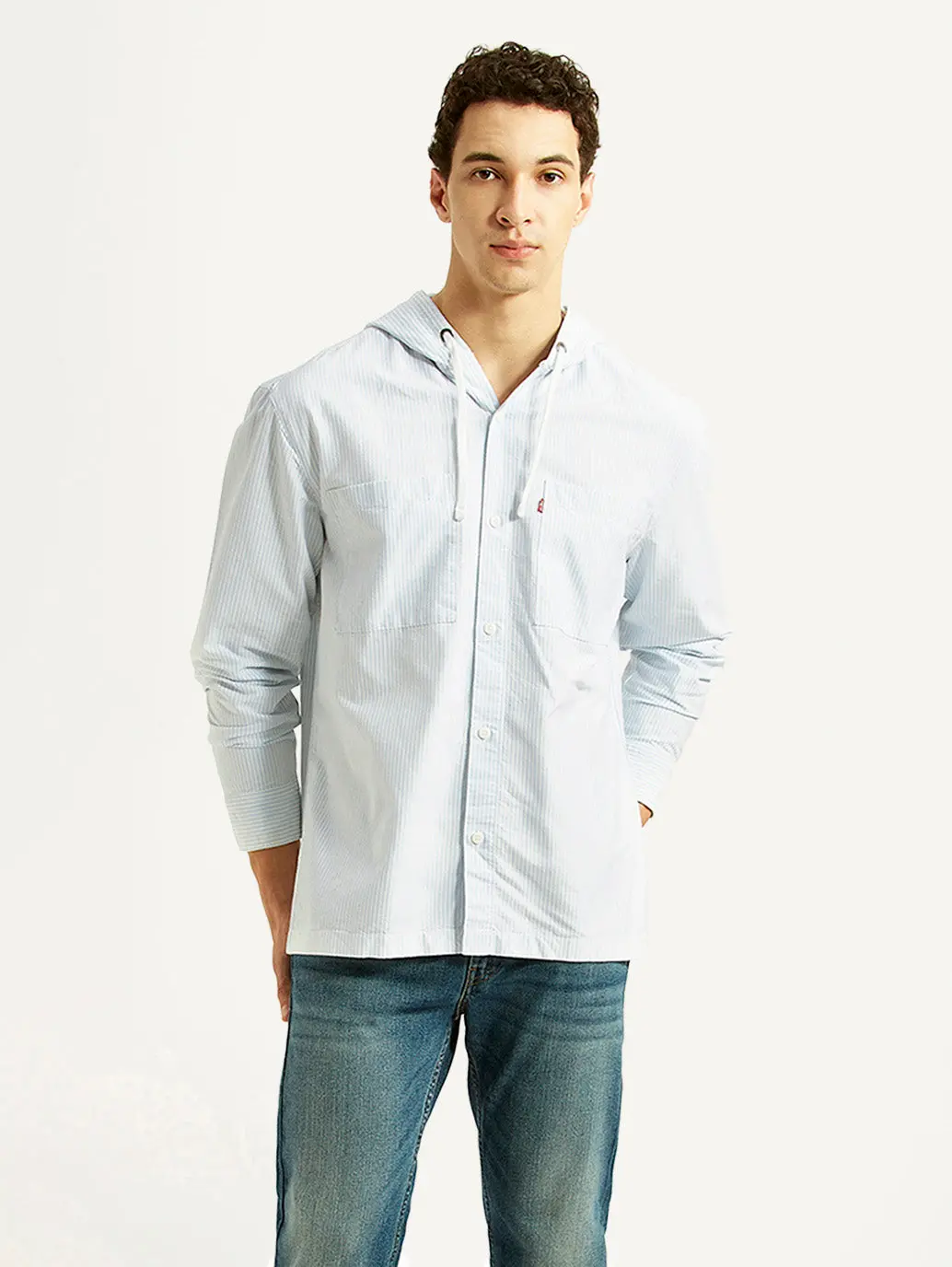 Men's Pin Striped Light Blue Relaxed Fit Hooded Oxford Overshirt 1