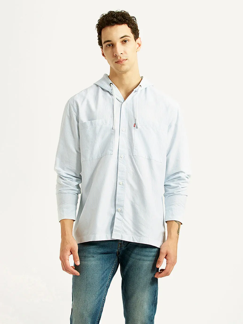 Men's Pin Striped Light Blue Relaxed Fit Hooded Oxford Overshirt 2