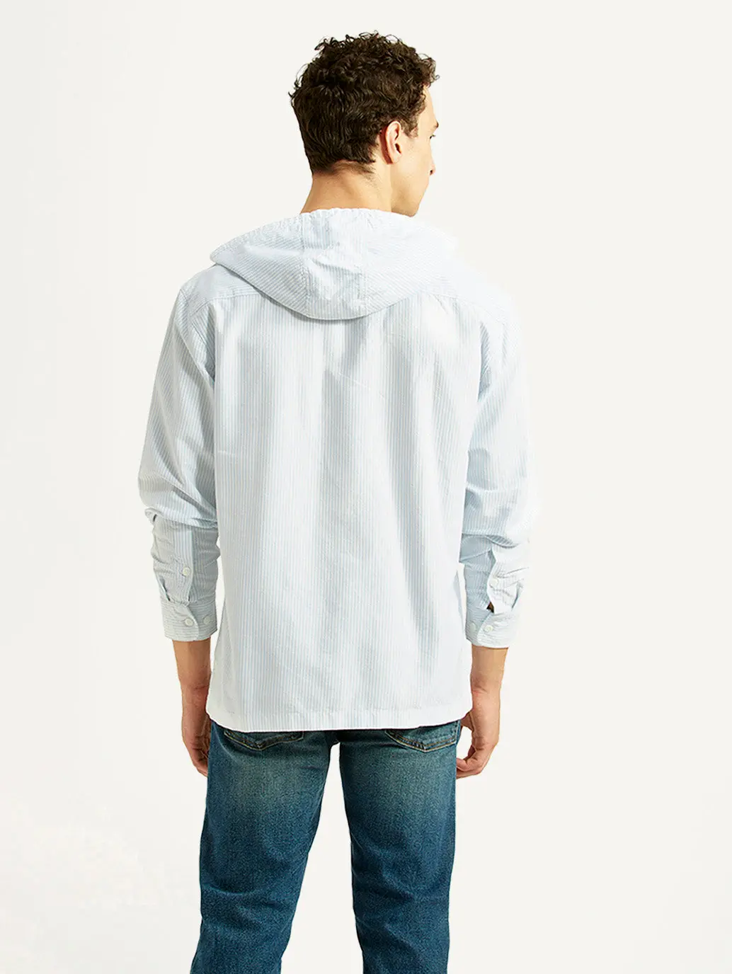 Men's Pin Striped Light Blue Relaxed Fit Hooded Oxford Overshirt 3